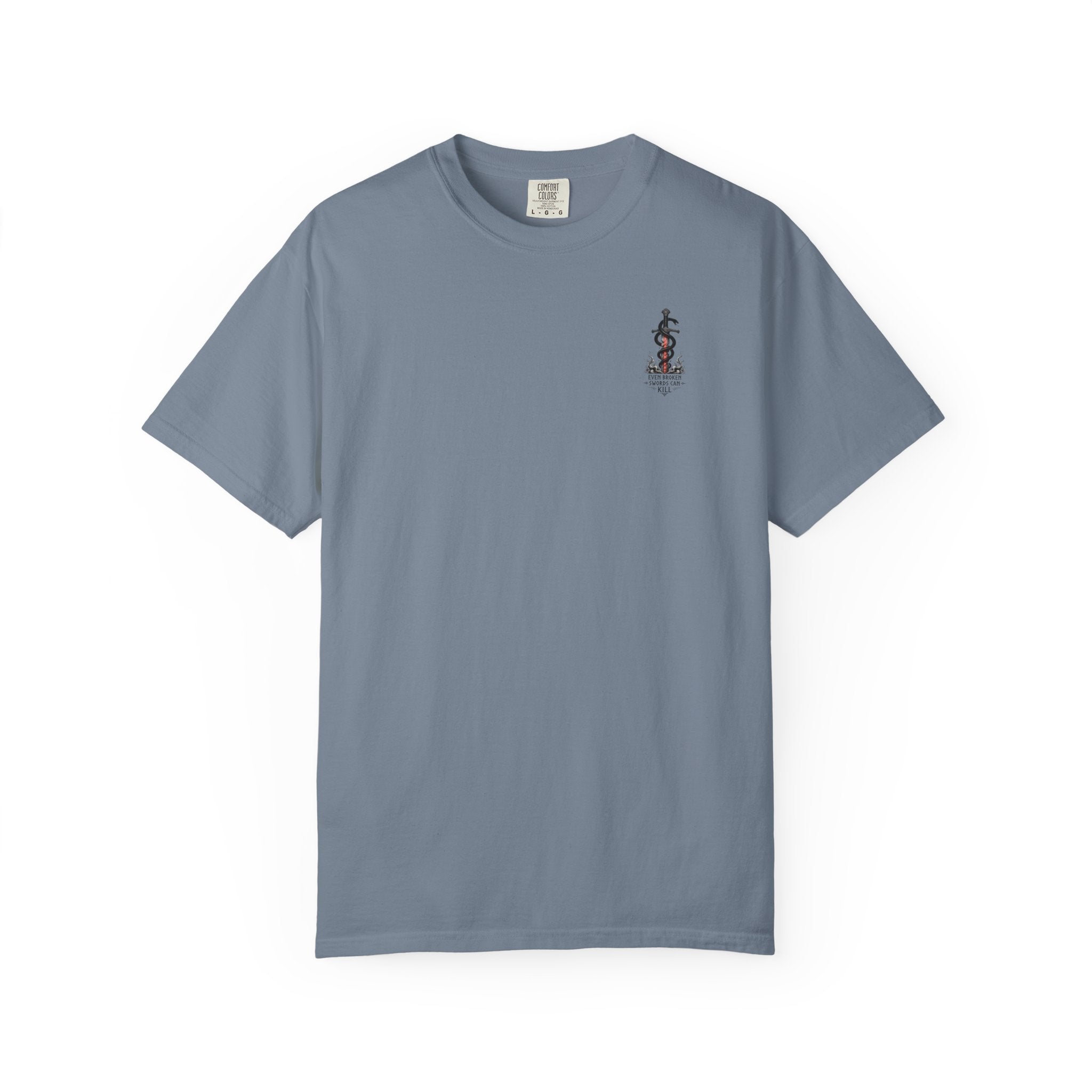 Graphic T-Shirt — 'Even Broken Swords Can Kill' Snake & Sword Back Print
