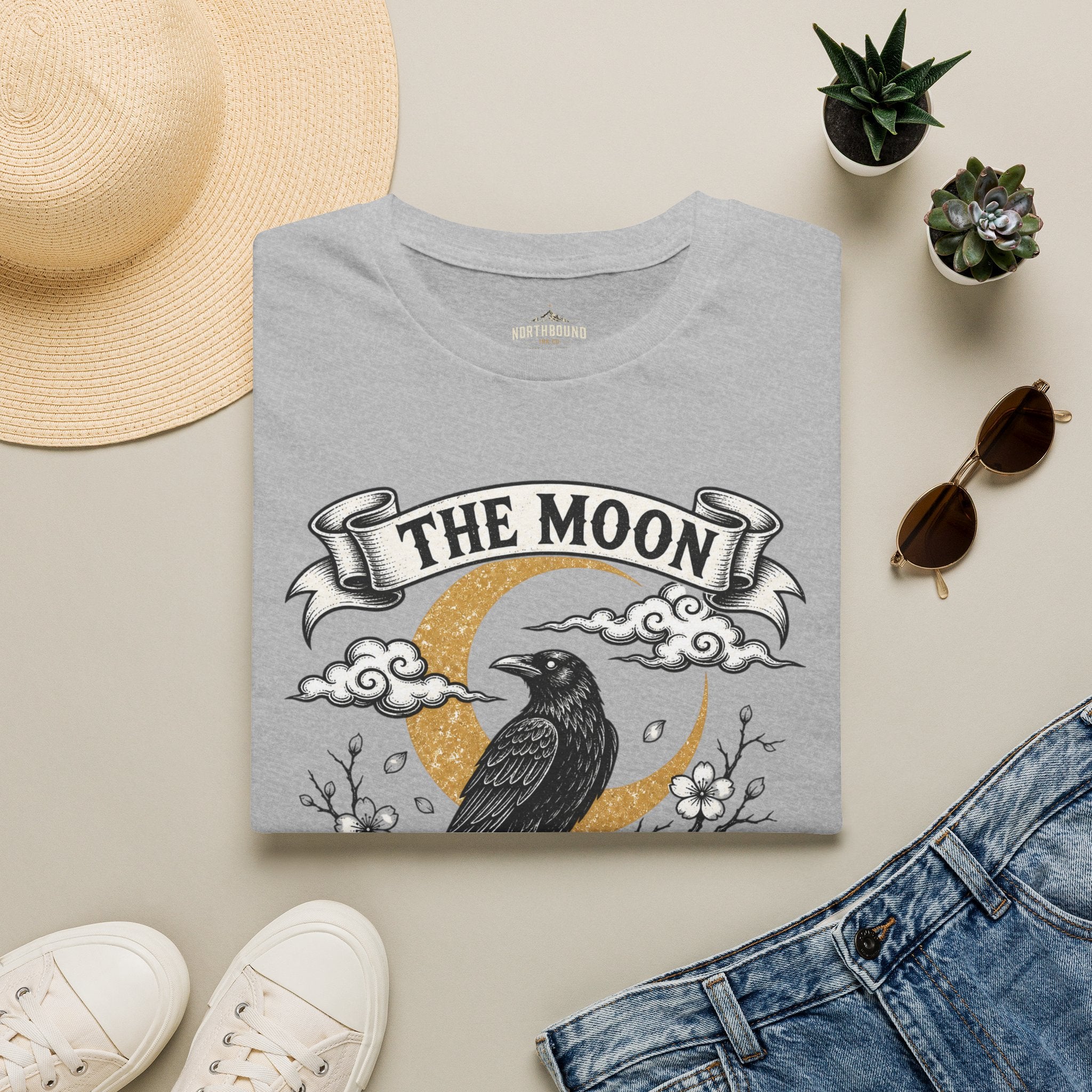 Moon & Raven T-Shirt — "The Moon Does Not Fight The Moon" Gothic Celestial Tee
