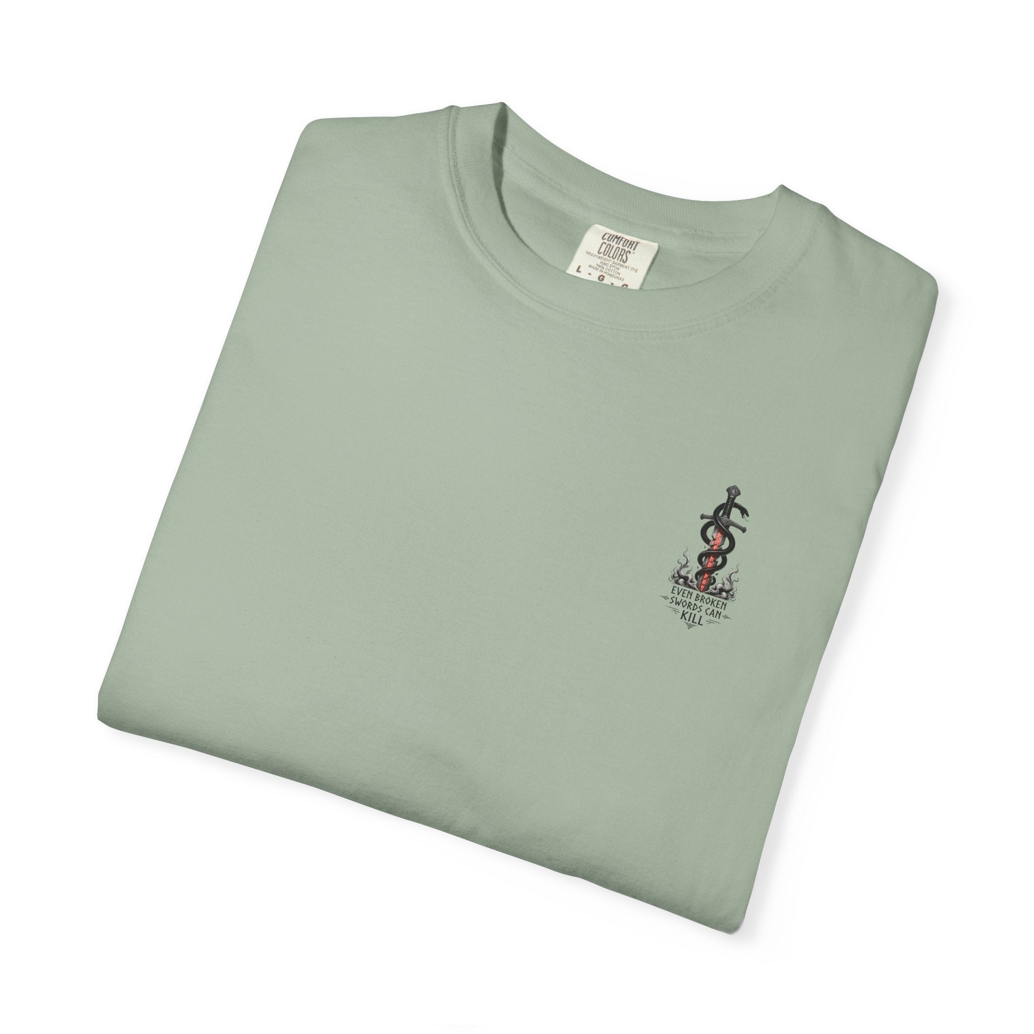 Graphic T-Shirt — 'Even Broken Swords Can Kill' Snake & Sword Back Print