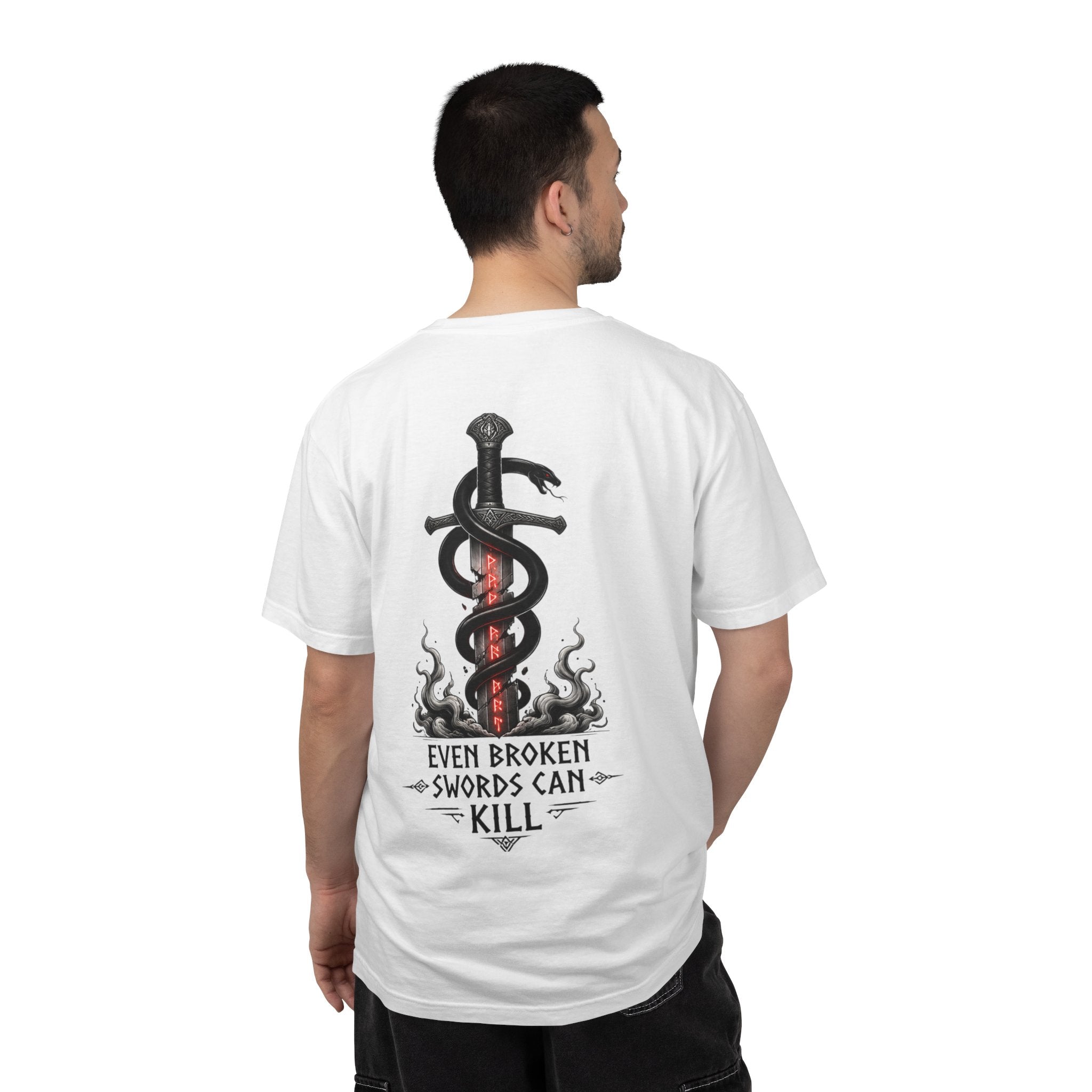 Graphic T-Shirt — 'Even Broken Swords Can Kill' Snake & Sword Back Print