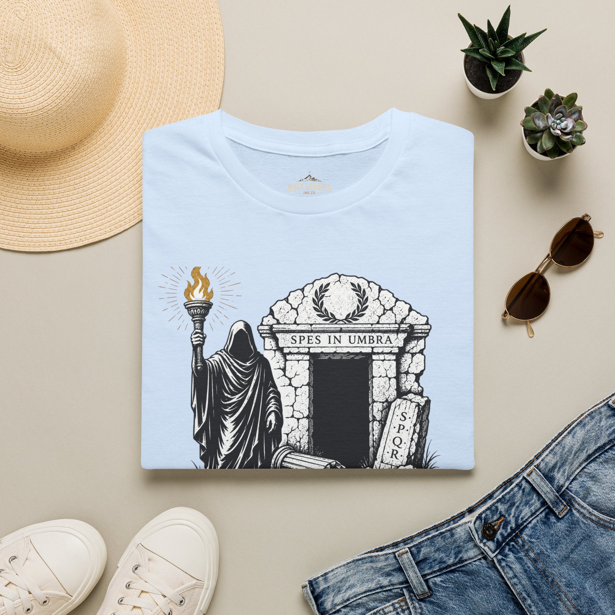 Gothic 'The Shadow Follows' T-Shirt — Cloaked Figure & Tombstone Design