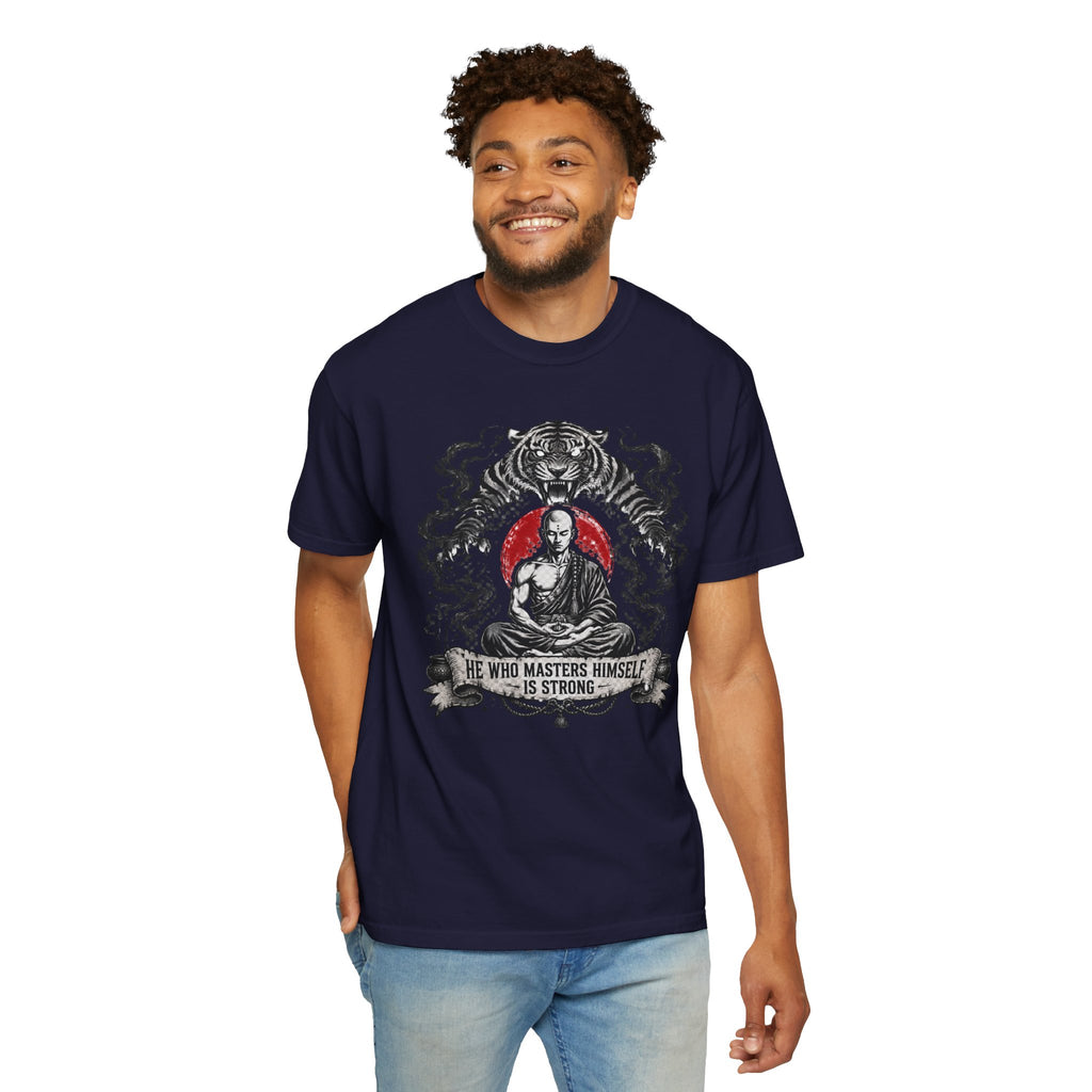 Meditation Tiger T-Shirt — "He Who Masters Himself is Strong" Zen Graphic Tee