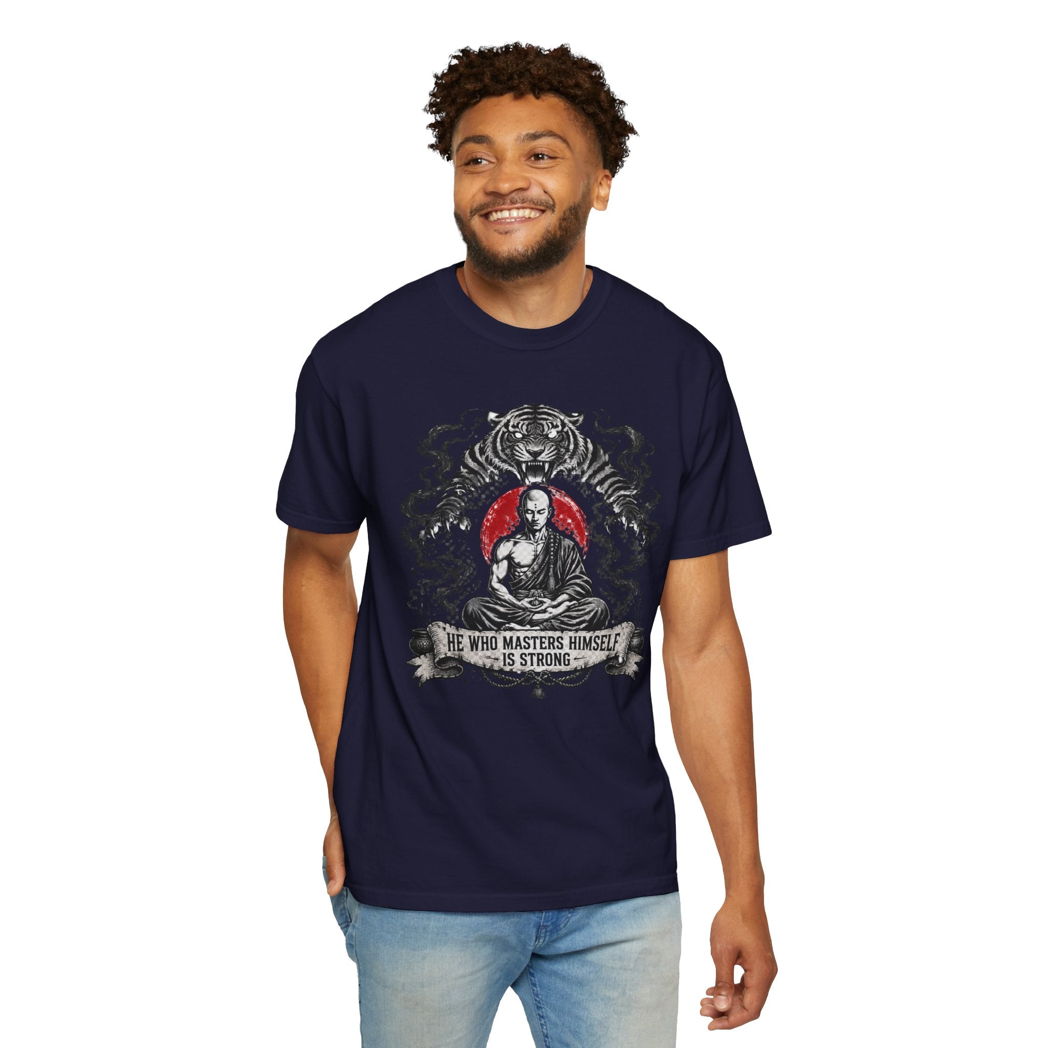 Meditation Tiger T-Shirt — "He Who Masters Himself is Strong" Zen Graphic Tee