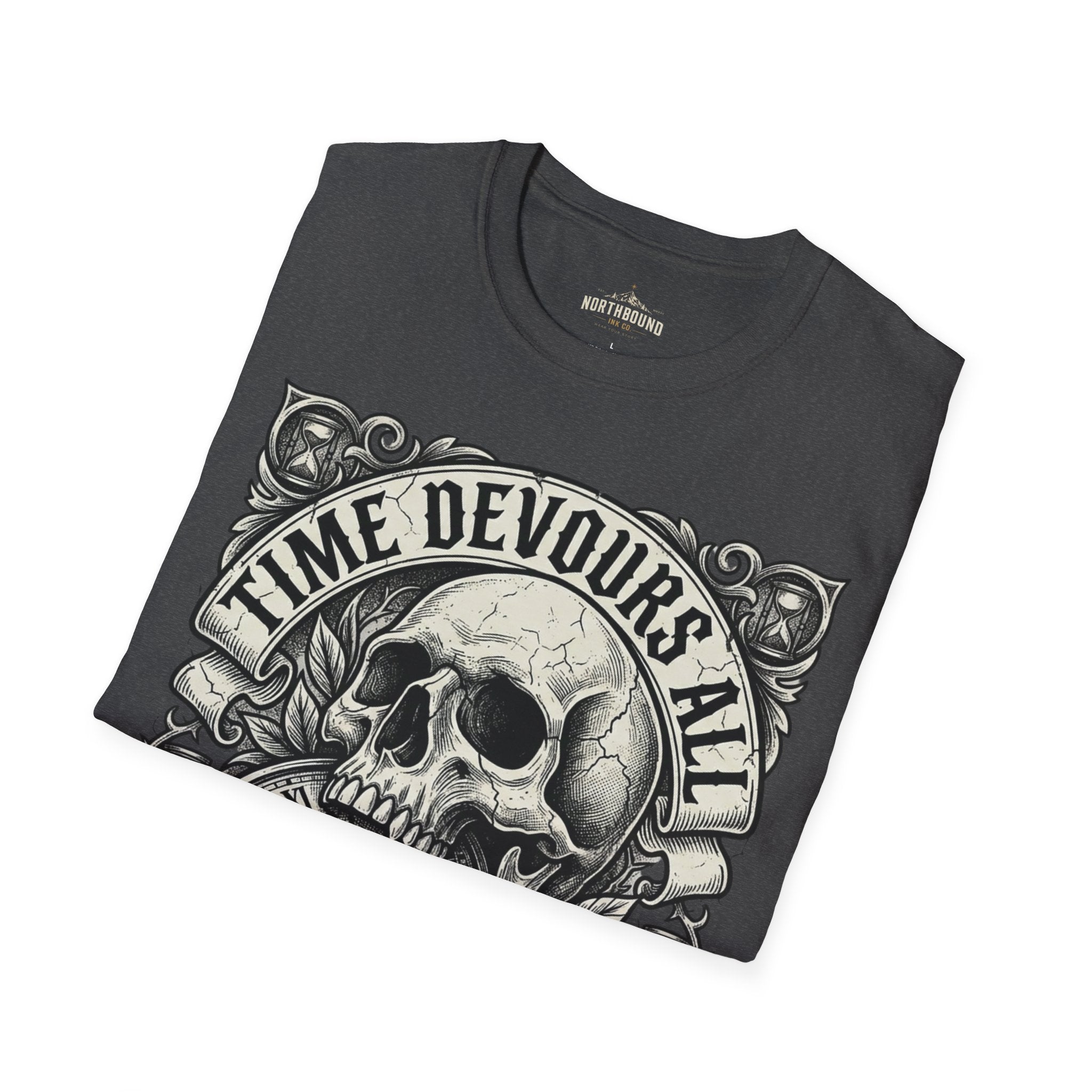 Time Devours All Skull T-Shirt – Vintage Gothic Skull & Pocket Watch Tee