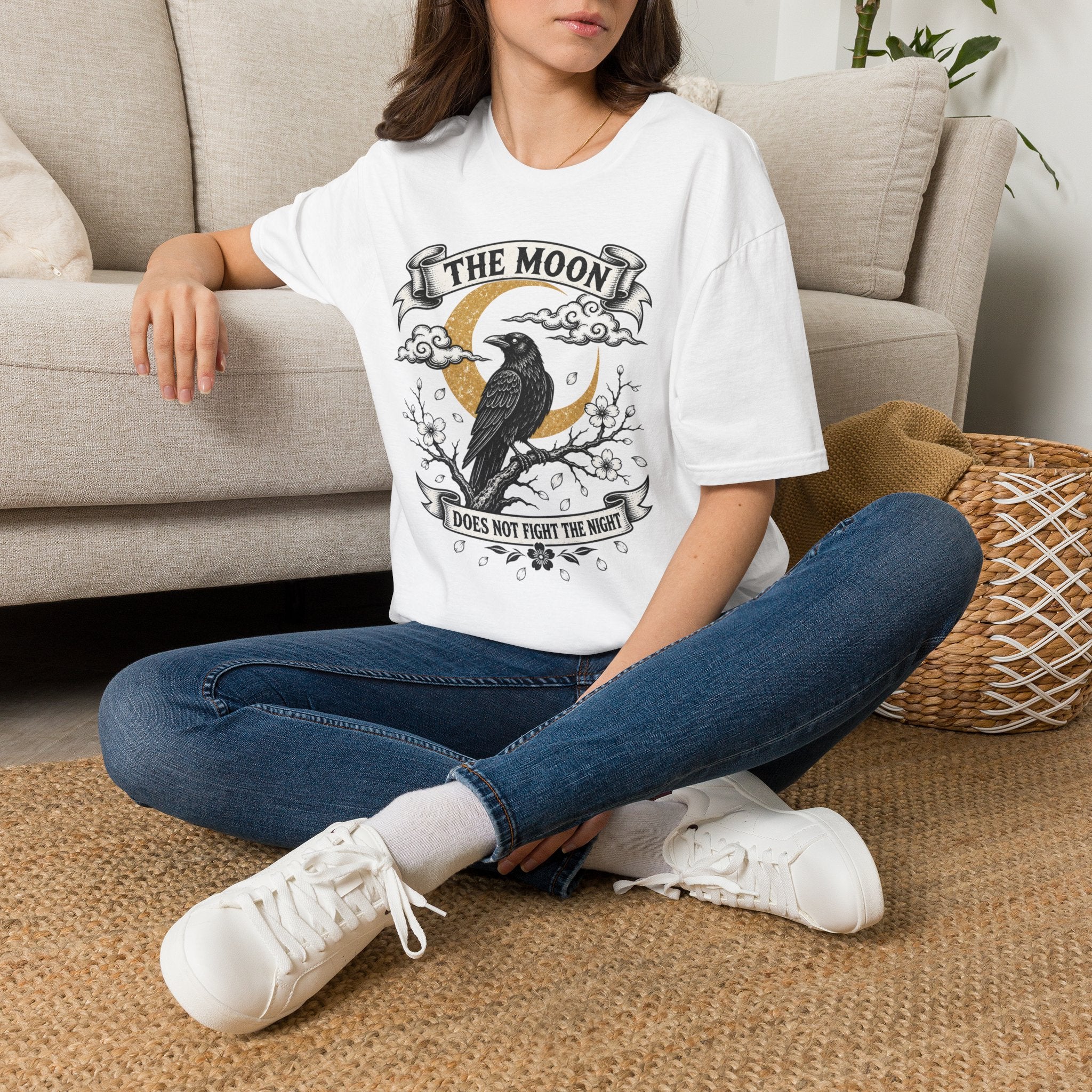 Moon & Raven T-Shirt — "The Moon Does Not Fight The Moon" Gothic Celestial Tee