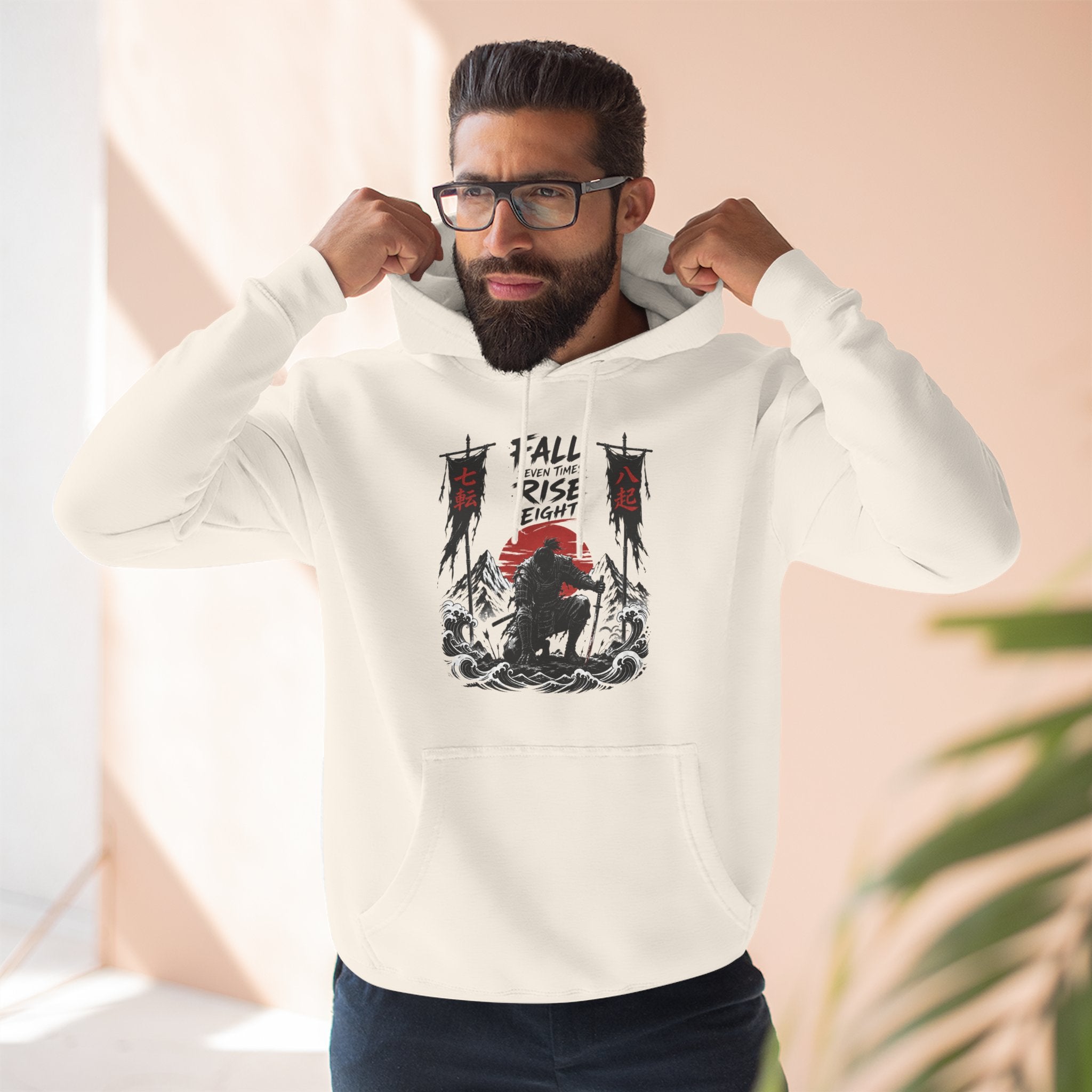 Samurai Sunset Hoodie — "Fall Rise Fight" Graphic Fleece Hoodie