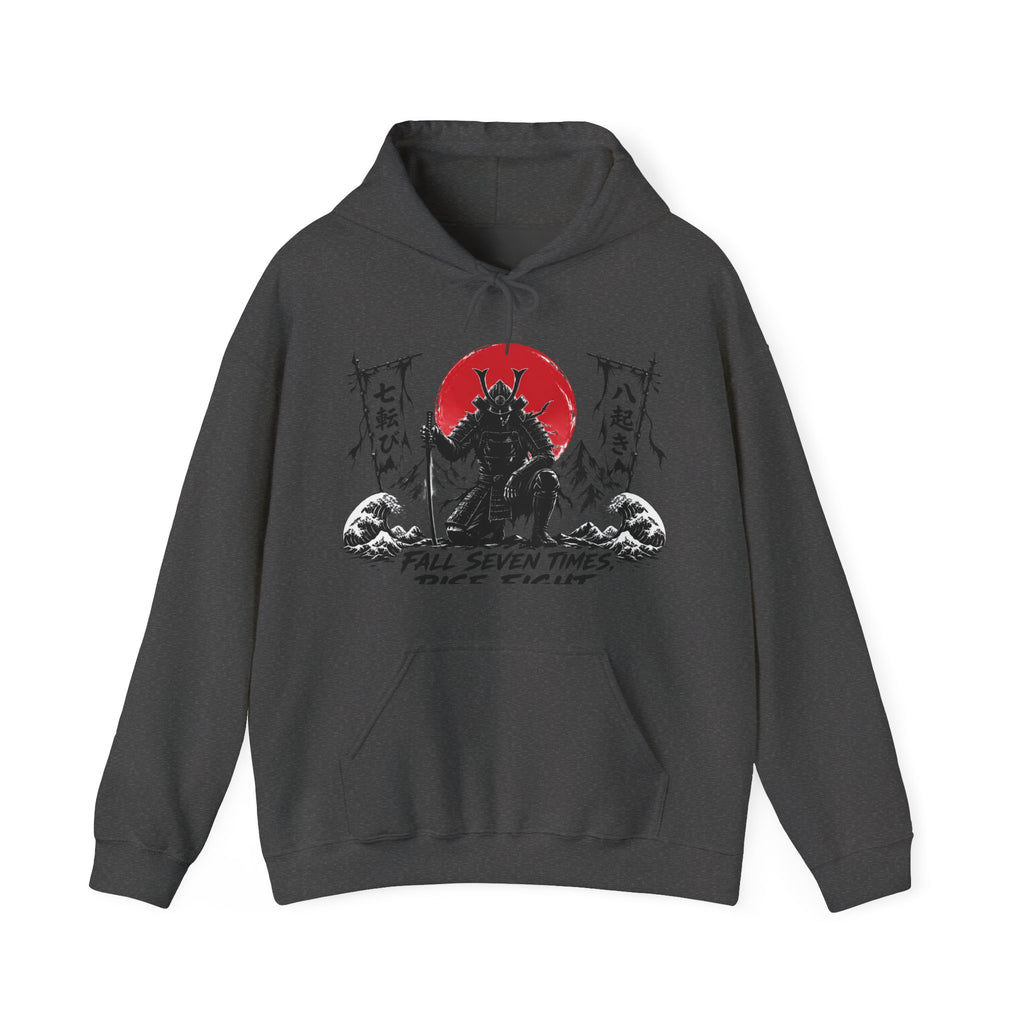 Hoodie — Samurai Wolf Graphic "Fall Seven Times, Rise Eight" Japanese Sunrise