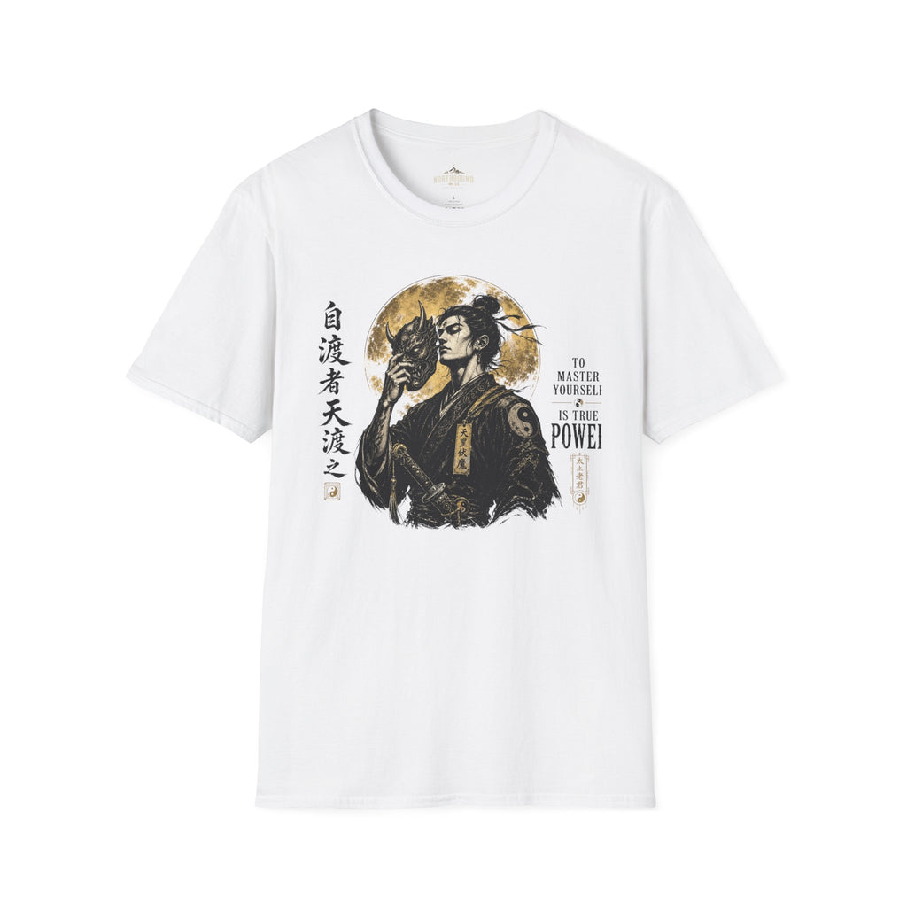 Samurai Mask Graphic T-Shirt — Japanese Warrior Moon Illustration