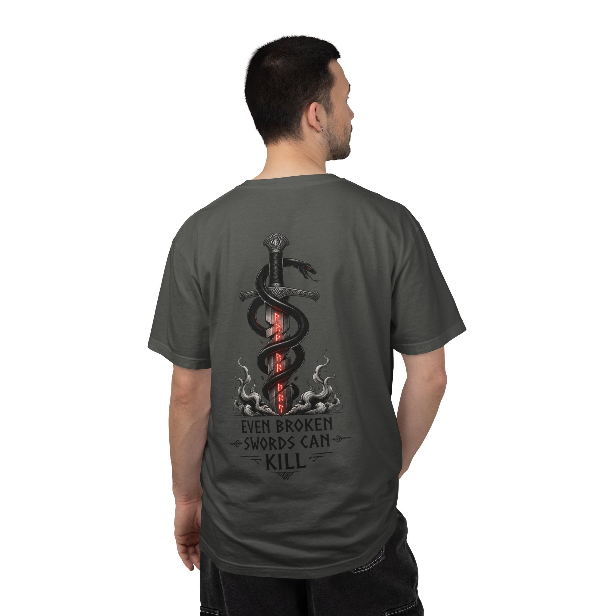 Graphic T-Shirt — 'Even Broken Swords Can Kill' Snake & Sword Back Print