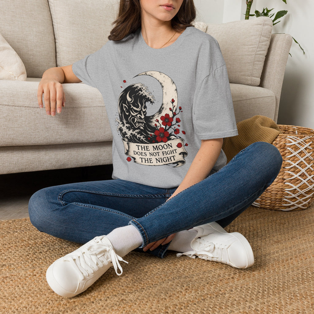 Moon & Wave Graphic T-Shirt — “The Moon Does Not Fight The Night” Inspirational Tee