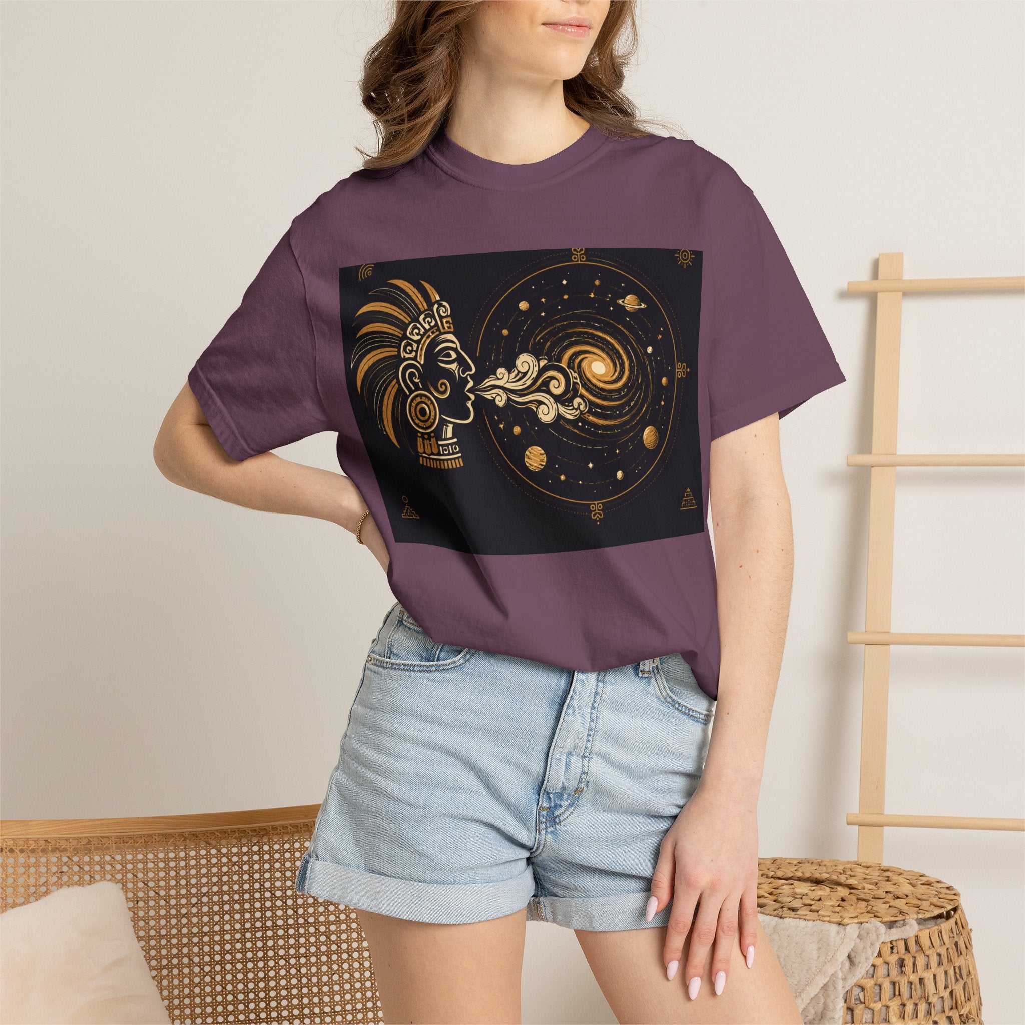 Cosmic Aztec Breath T-Shirt — Golden Galaxy Illustration