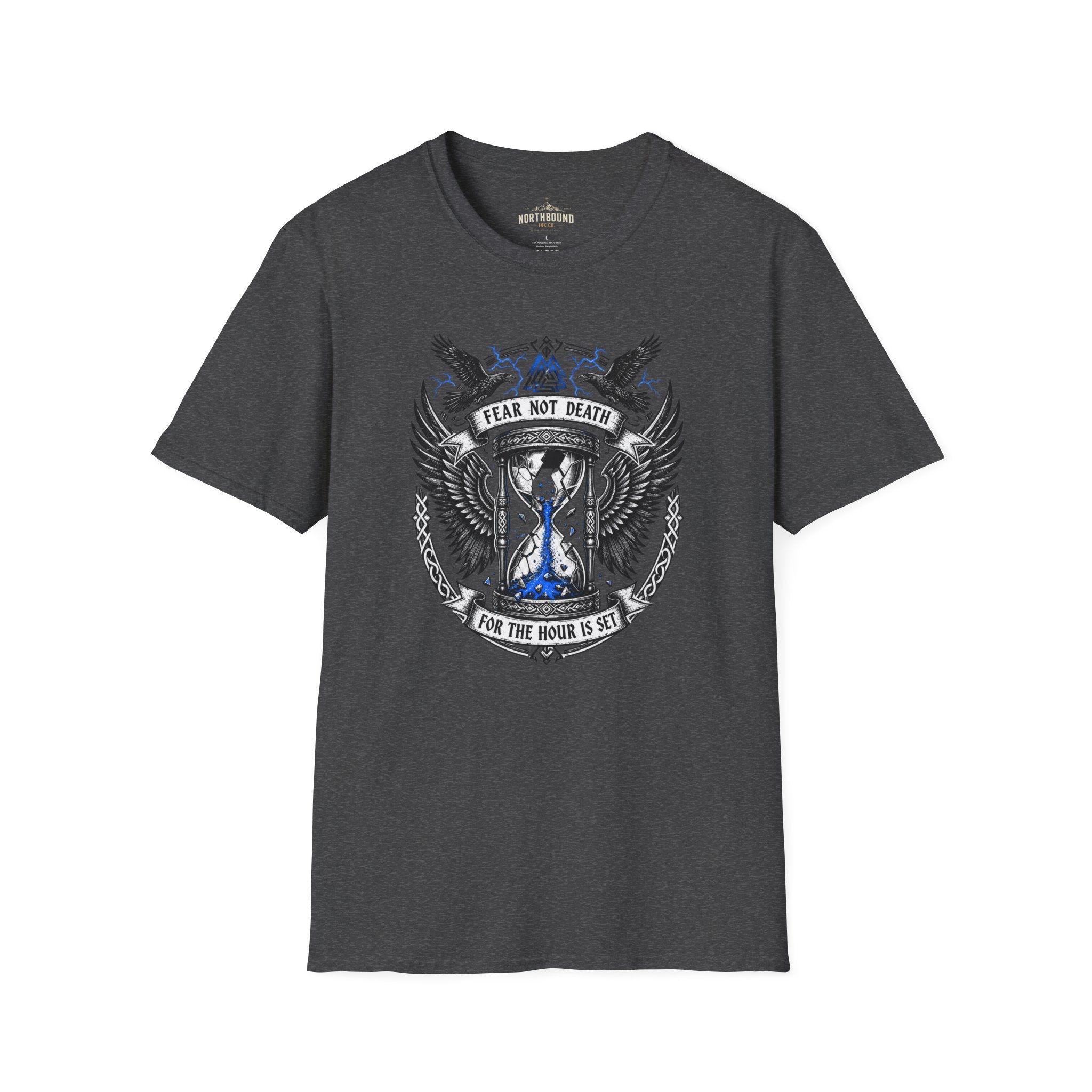 Fear Not Death T‑Shirt — Viking Hourglass Shield Design