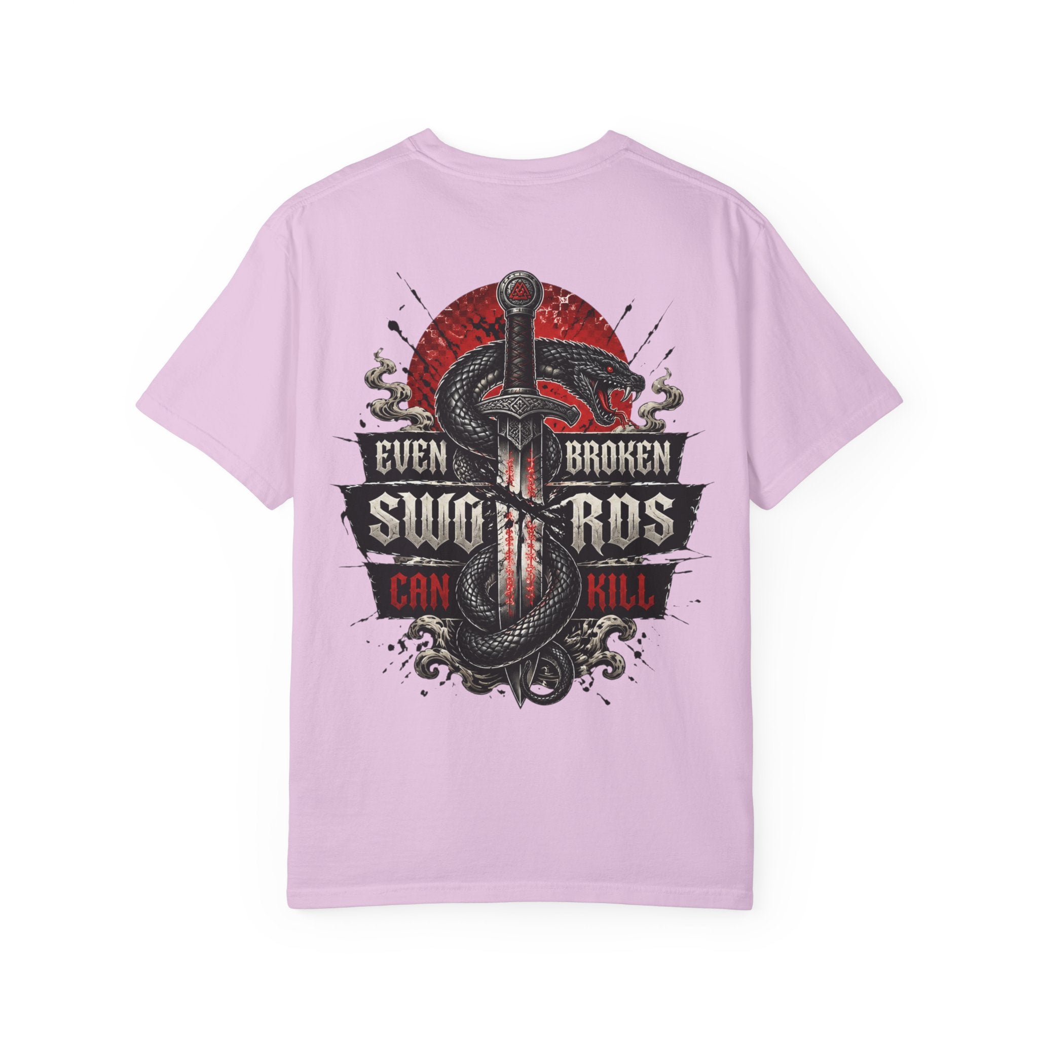 Graphic T-Shirt — "Even Broken Swords Can Kill" Snake & Dagger Back Print