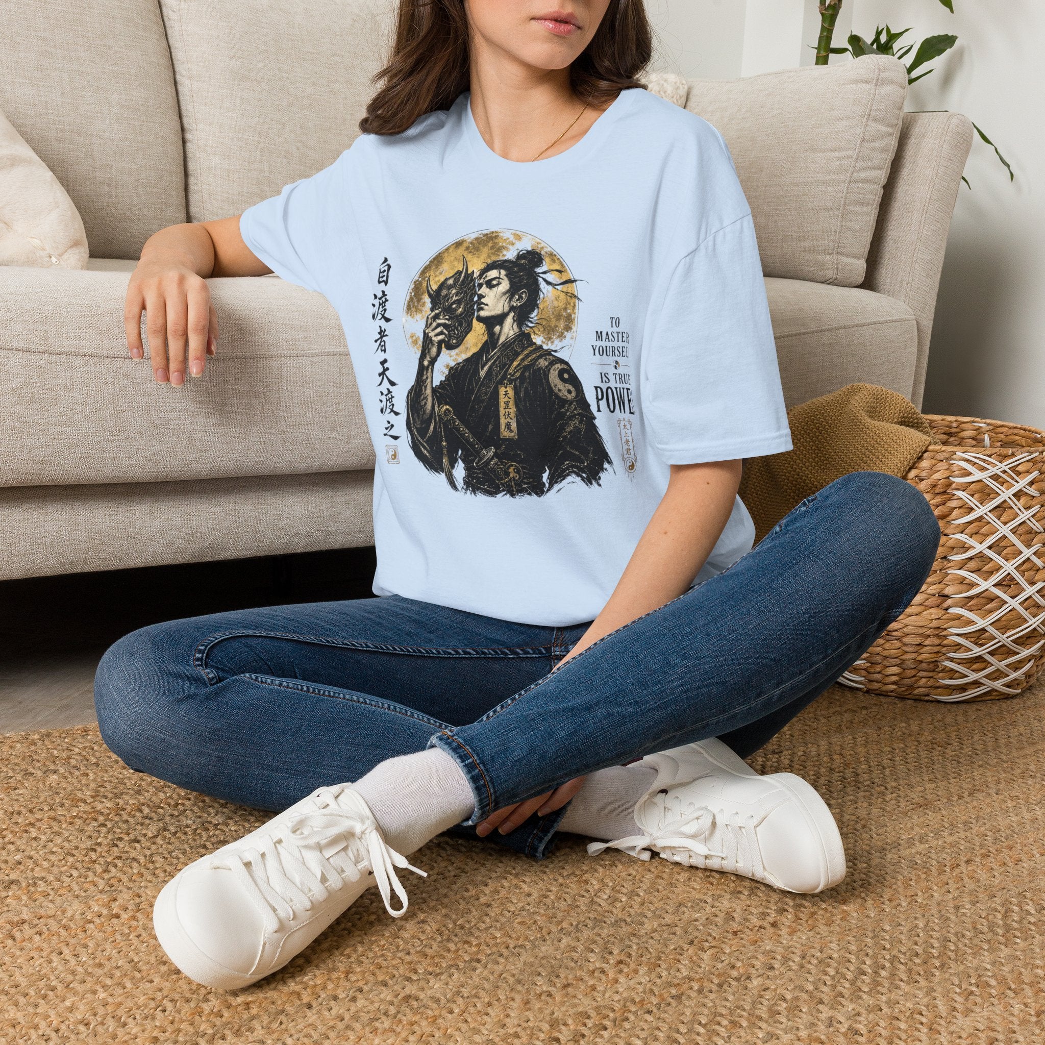 Samurai Mask Graphic T-Shirt — Japanese Warrior Moon Illustration