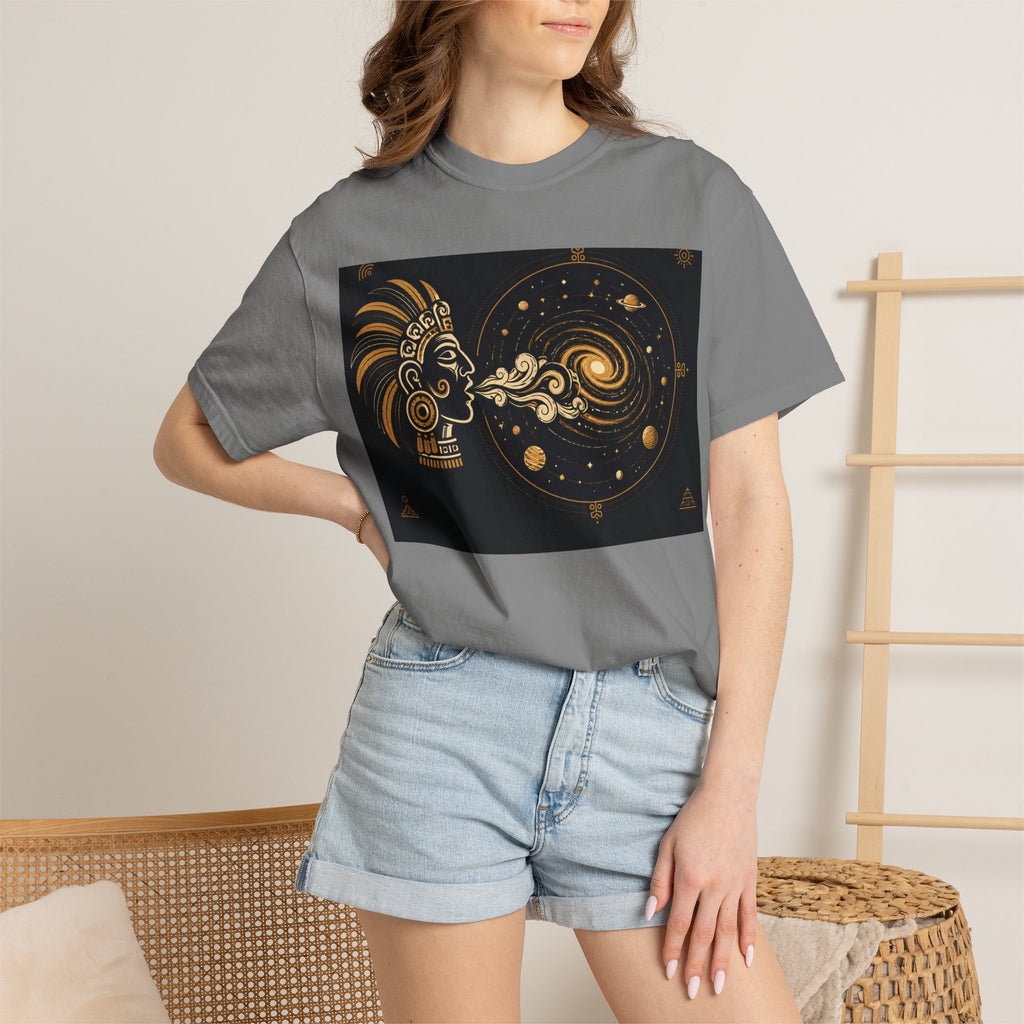 Cosmic Aztec Breath T-Shirt — Golden Galaxy Illustration