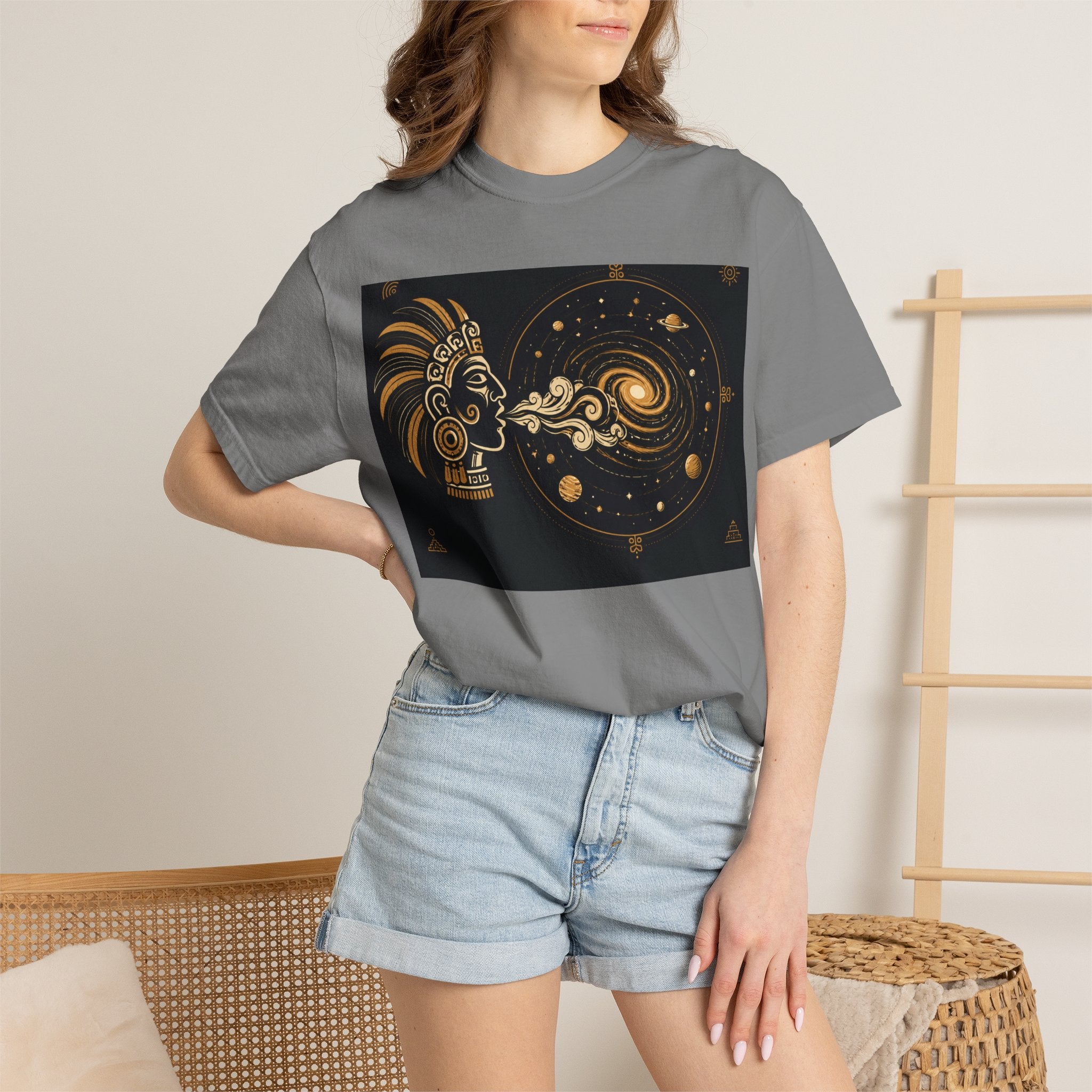 Cosmic Aztec Breath T-Shirt — Golden Galaxy Illustration