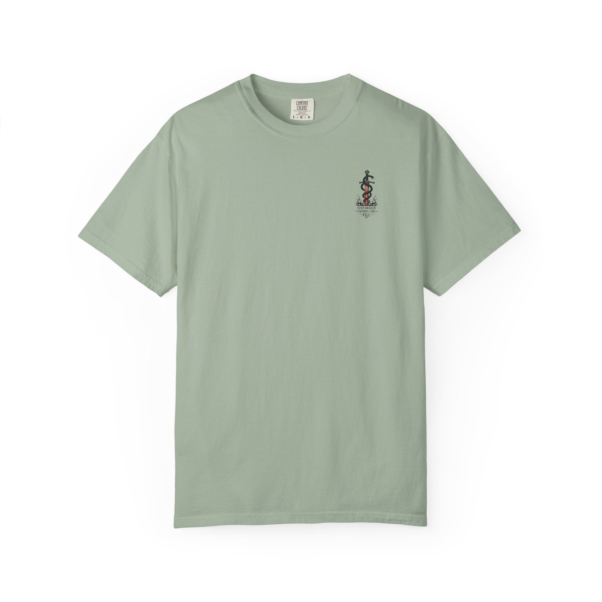 Graphic T-Shirt — 'Even Broken Swords Can Kill' Snake & Sword Back Print