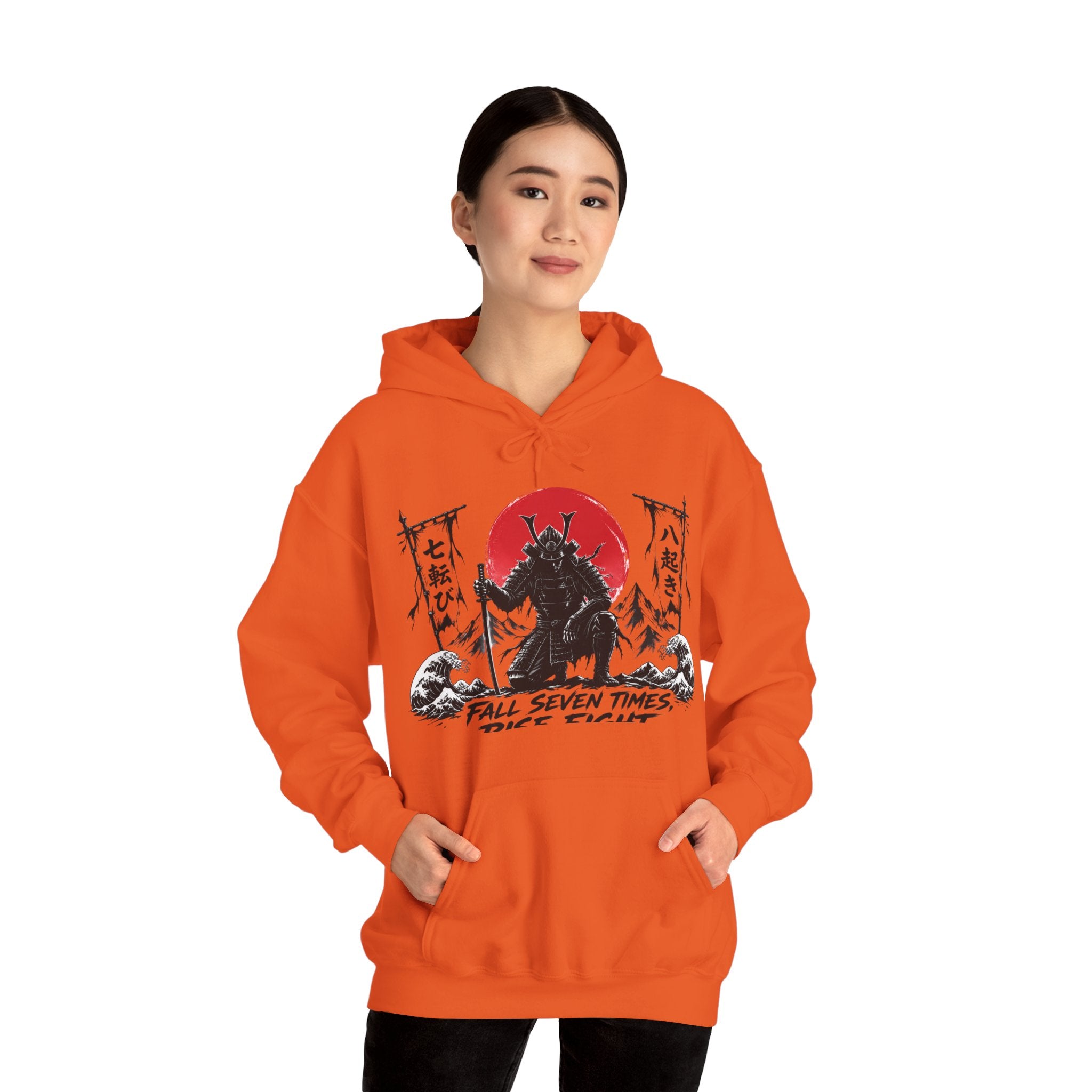 Hoodie — Samurai Wolf Graphic "Fall Seven Times, Rise Eight" Japanese Sunrise
