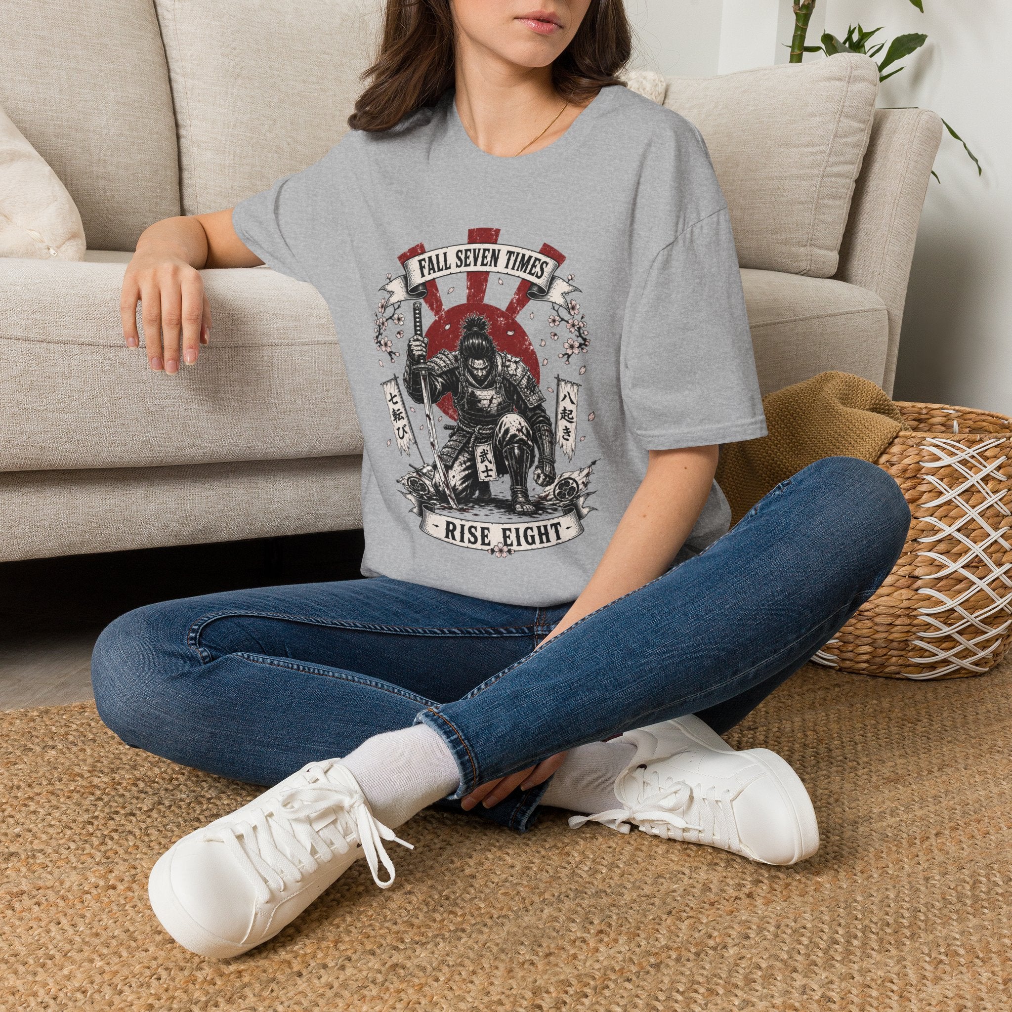 T-Shirt — “Fall Seven Times, Rise Eight” Samurai Graphic Tee