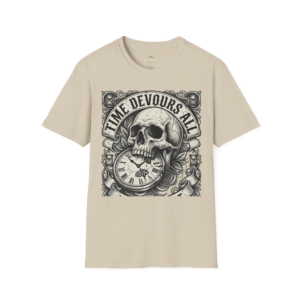 Time Devours All Skull T-Shirt – Vintage Gothic Skull & Pocket Watch Tee