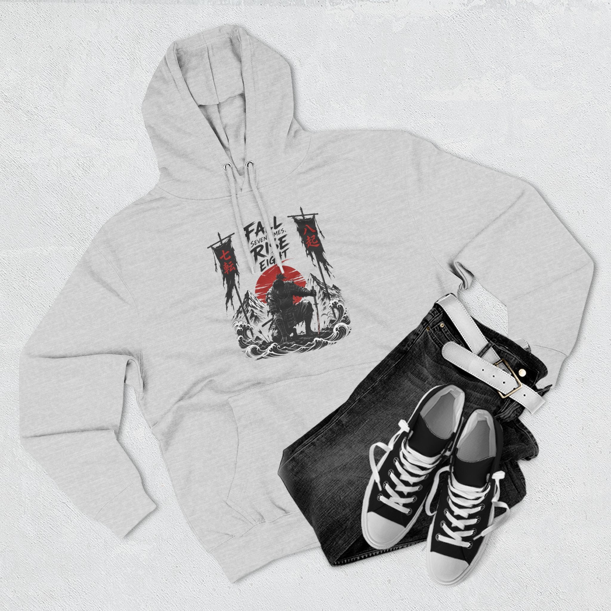 Samurai Sunset Hoodie — "Fall Rise Fight" Graphic Fleece Hoodie