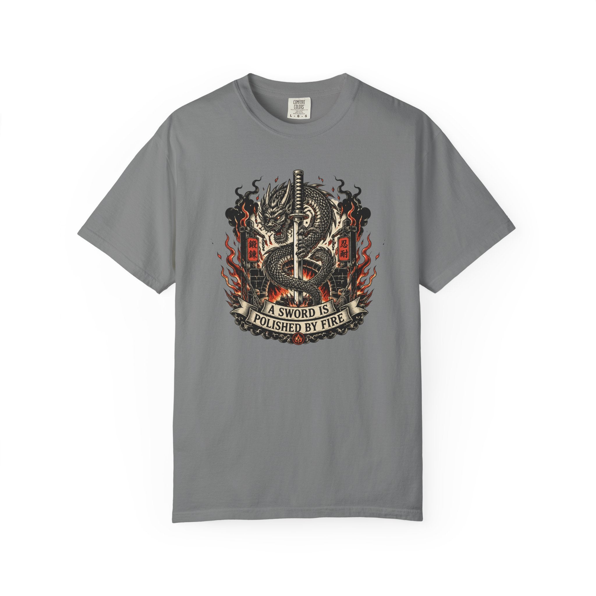 Sword & Flame Graphic T-Shirt — "A Sword Is Polished By Fire"