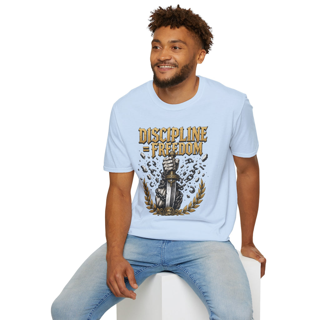 Discipline = Freedom T-Shirt — Motivational Sword & Fist Design