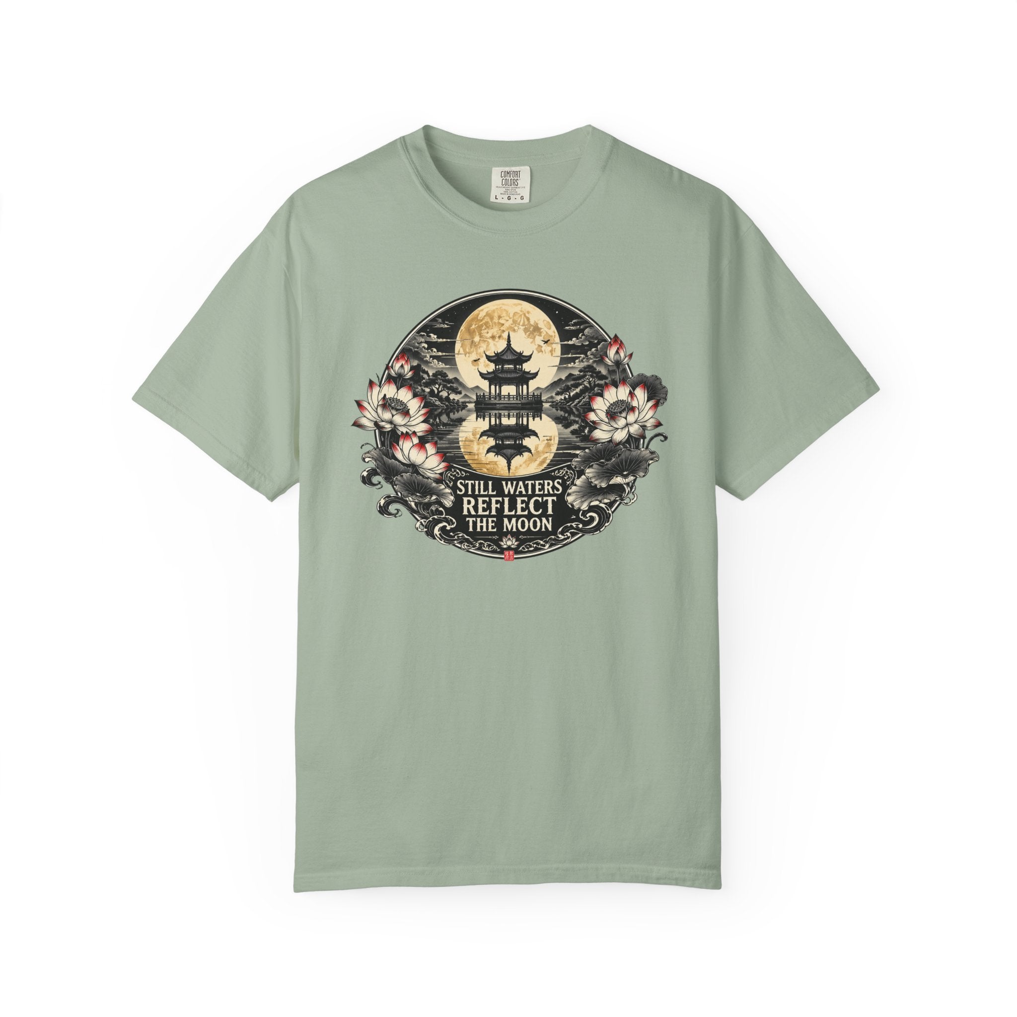 Still Waters Reflect the Moon T-Shirt — Zen Pagoda Moon Graphic Tee
