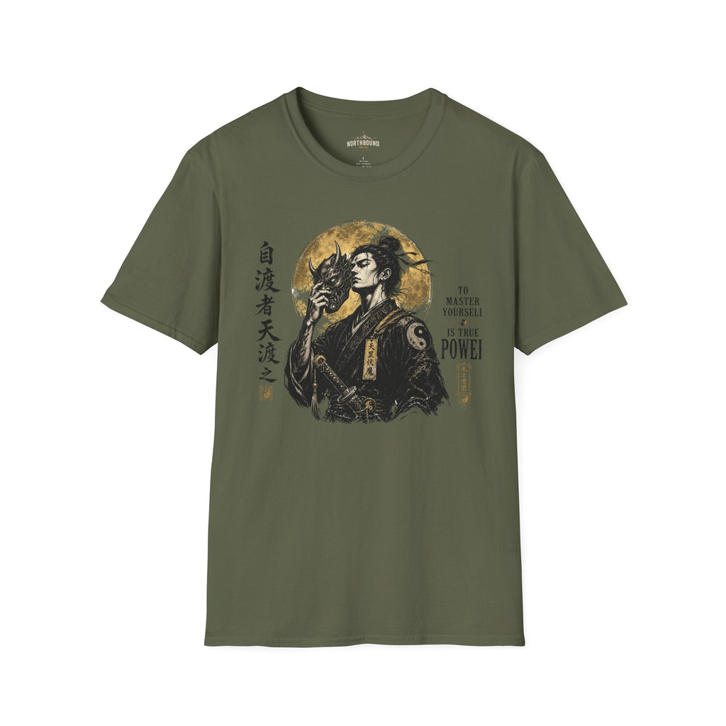 Samurai Mask Graphic T-Shirt — Japanese Warrior Moon Illustration