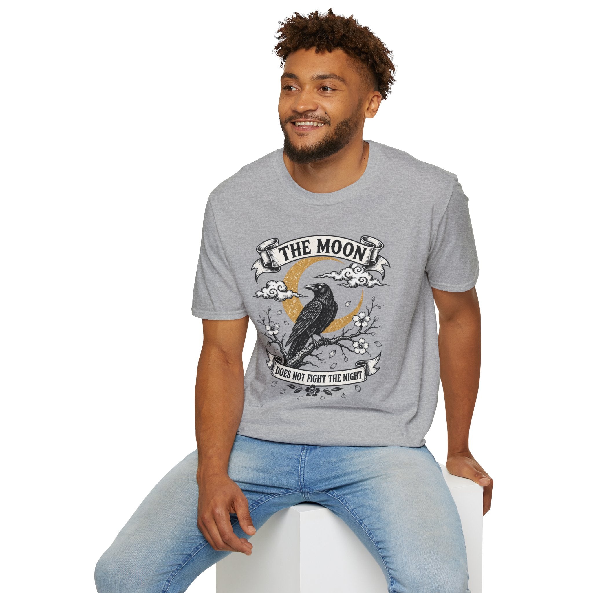 Moon & Raven T-Shirt — "The Moon Does Not Fight The Moon" Gothic Celestial Tee