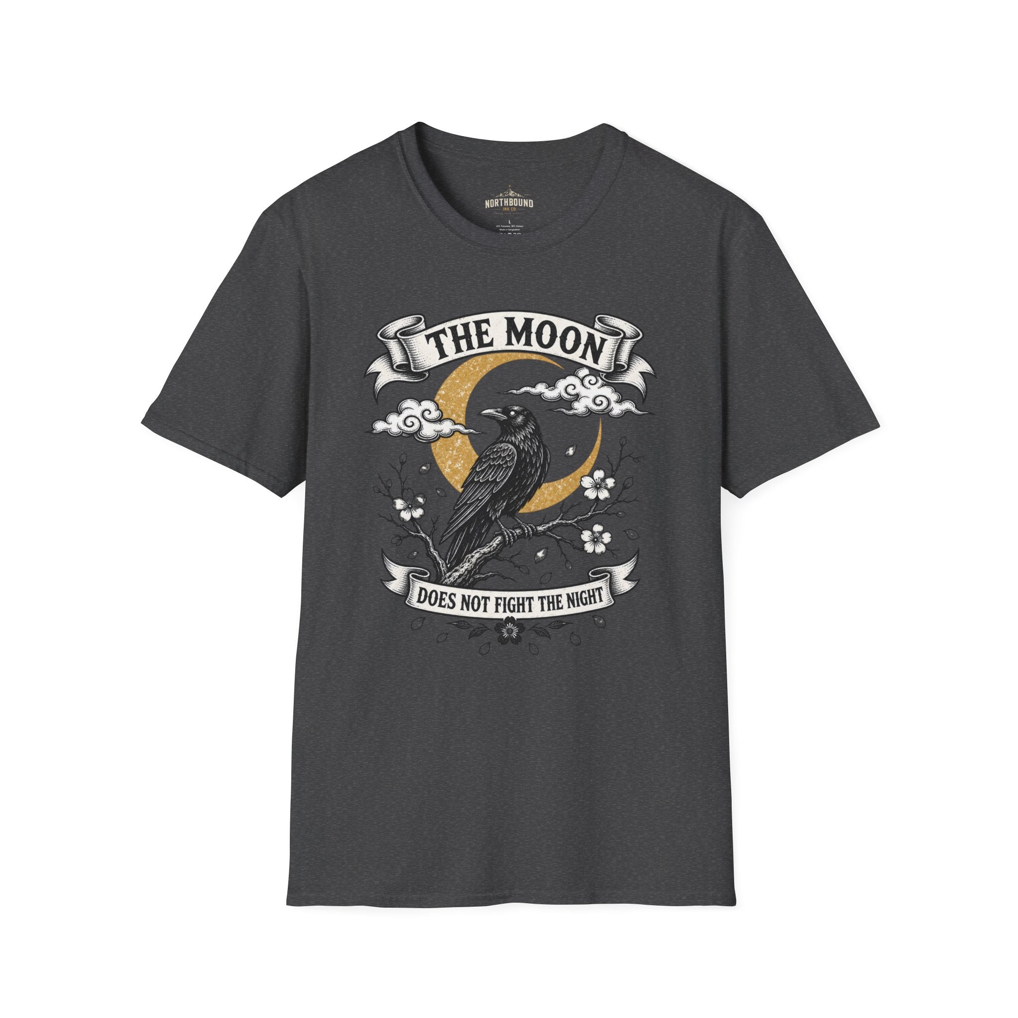 Moon & Raven T-Shirt — "The Moon Does Not Fight The Moon" Gothic Celestial Tee