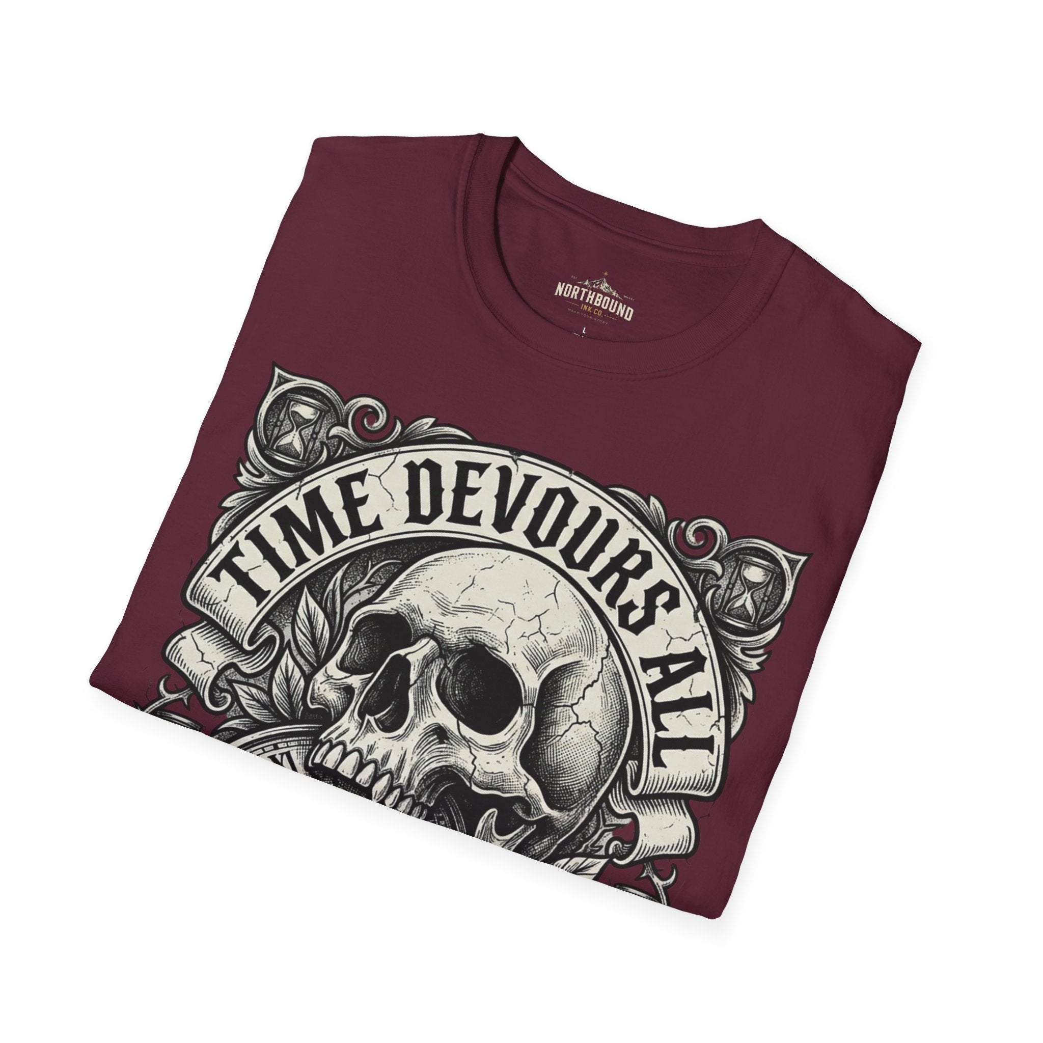 Time Devours All Skull T-Shirt – Vintage Gothic Skull & Pocket Watch Tee