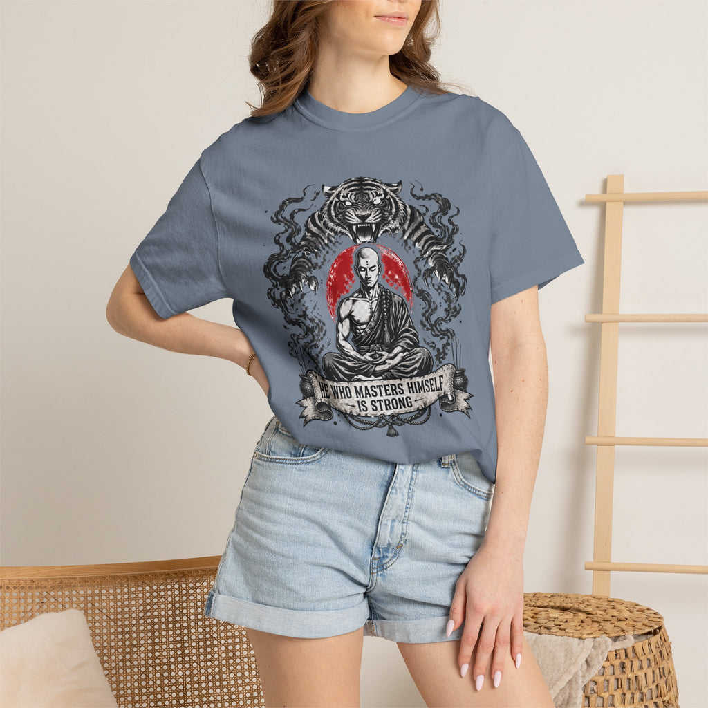 Meditation Tiger T-Shirt — "He Who Masters Himself is Strong" Zen Graphic Tee