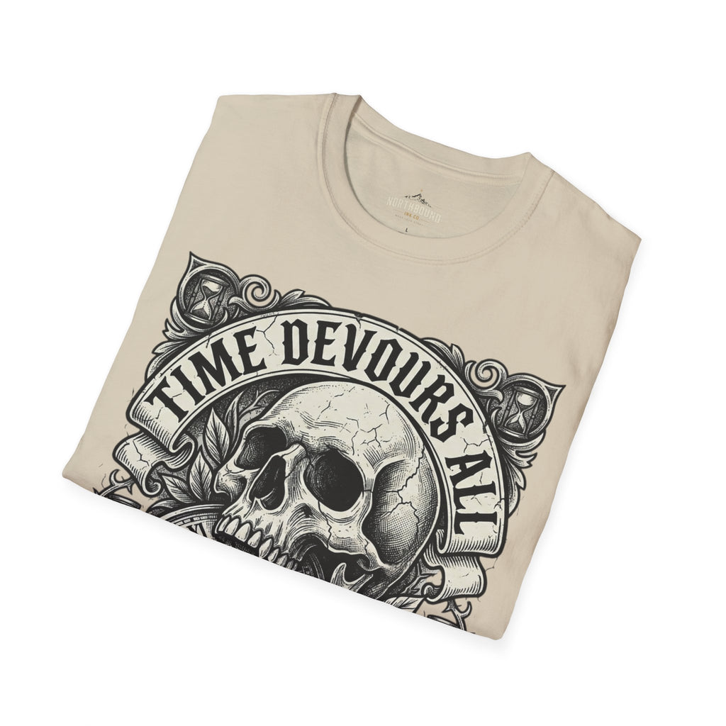 Time Devours All Skull T-Shirt – Vintage Gothic Skull & Pocket Watch Tee