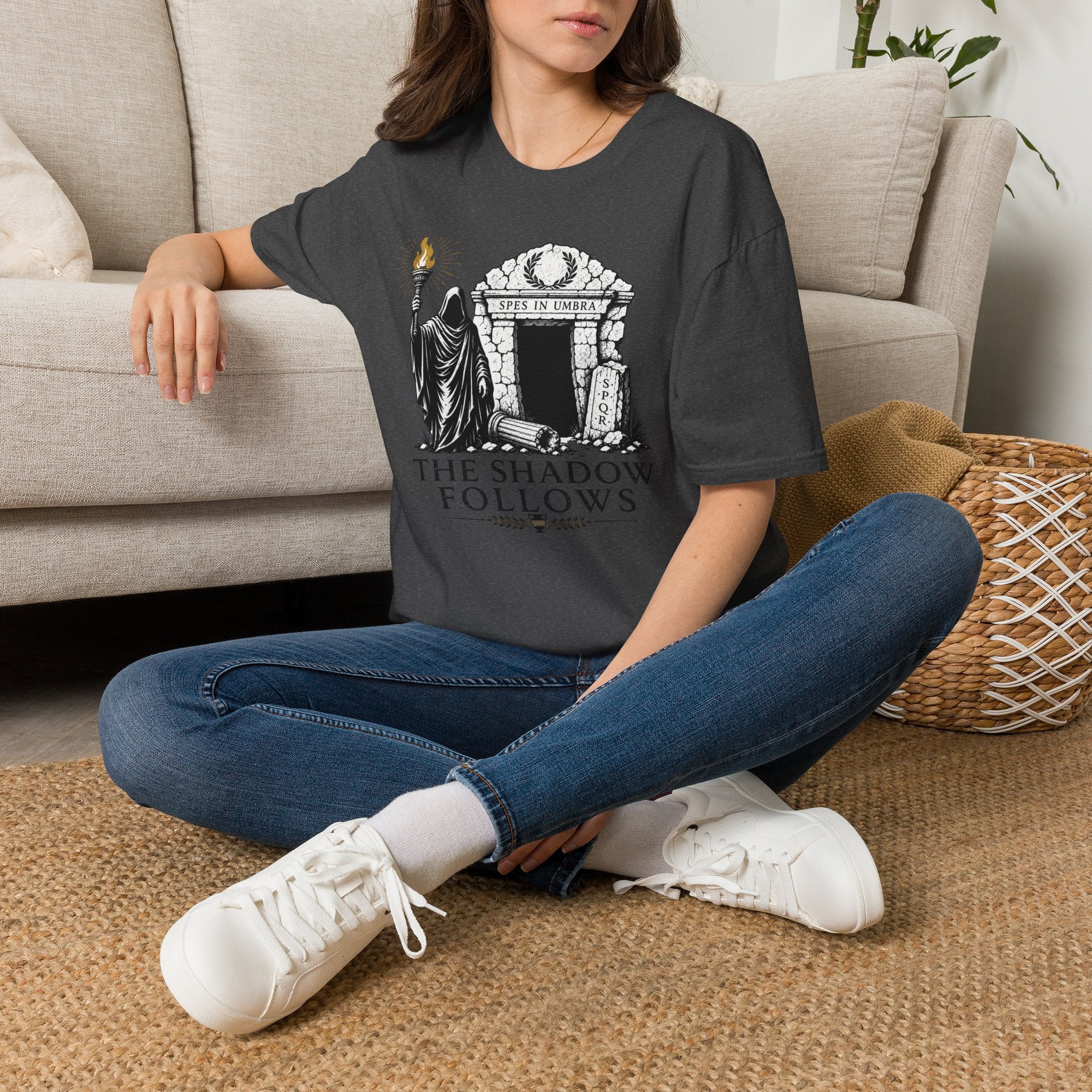 Gothic 'The Shadow Follows' T-Shirt — Cloaked Figure & Tombstone Design