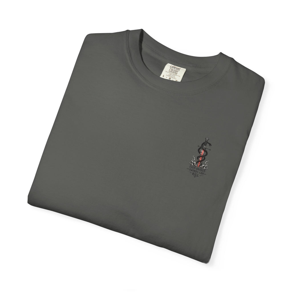 Graphic T-Shirt — 'Even Broken Swords Can Kill' Snake & Sword Back Print