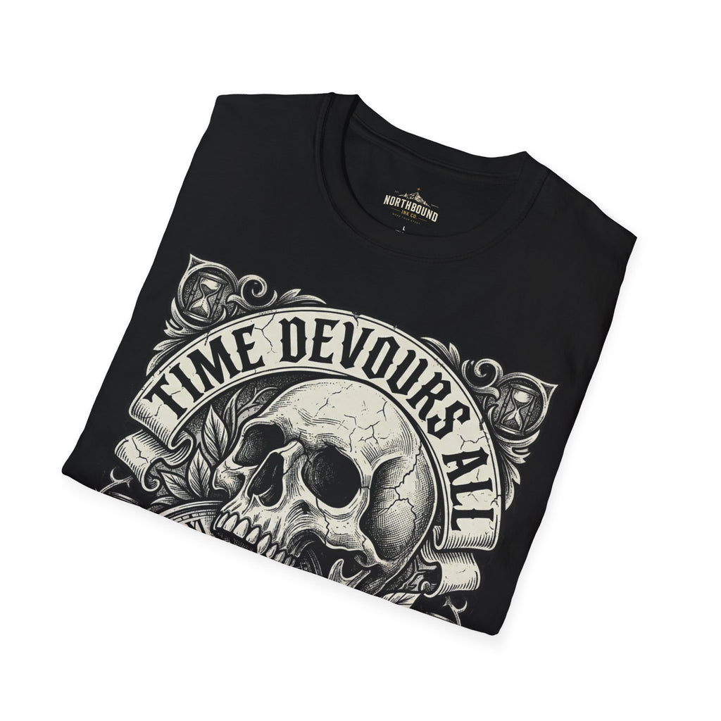 Time Devours All Skull T-Shirt – Vintage Gothic Skull & Pocket Watch Tee