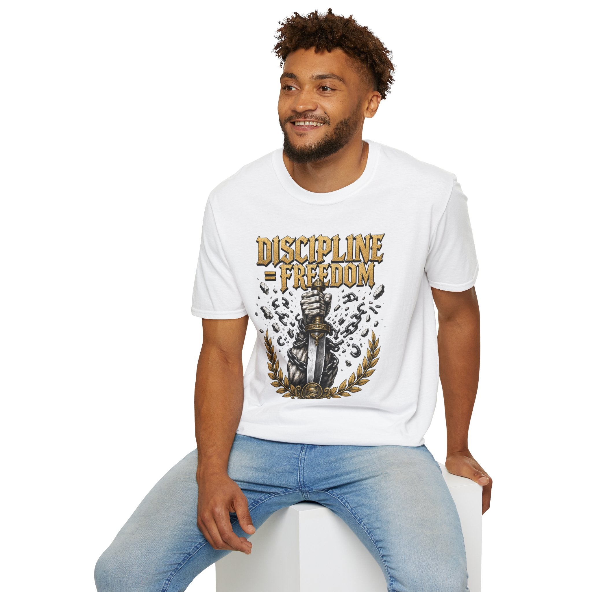 Discipline = Freedom T-Shirt — Motivational Sword & Fist Design