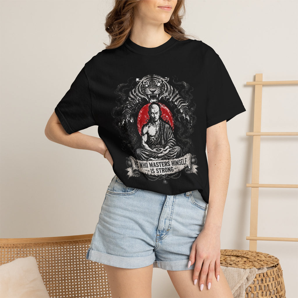 Meditation Tiger T-Shirt — "He Who Masters Himself is Strong" Zen Graphic Tee