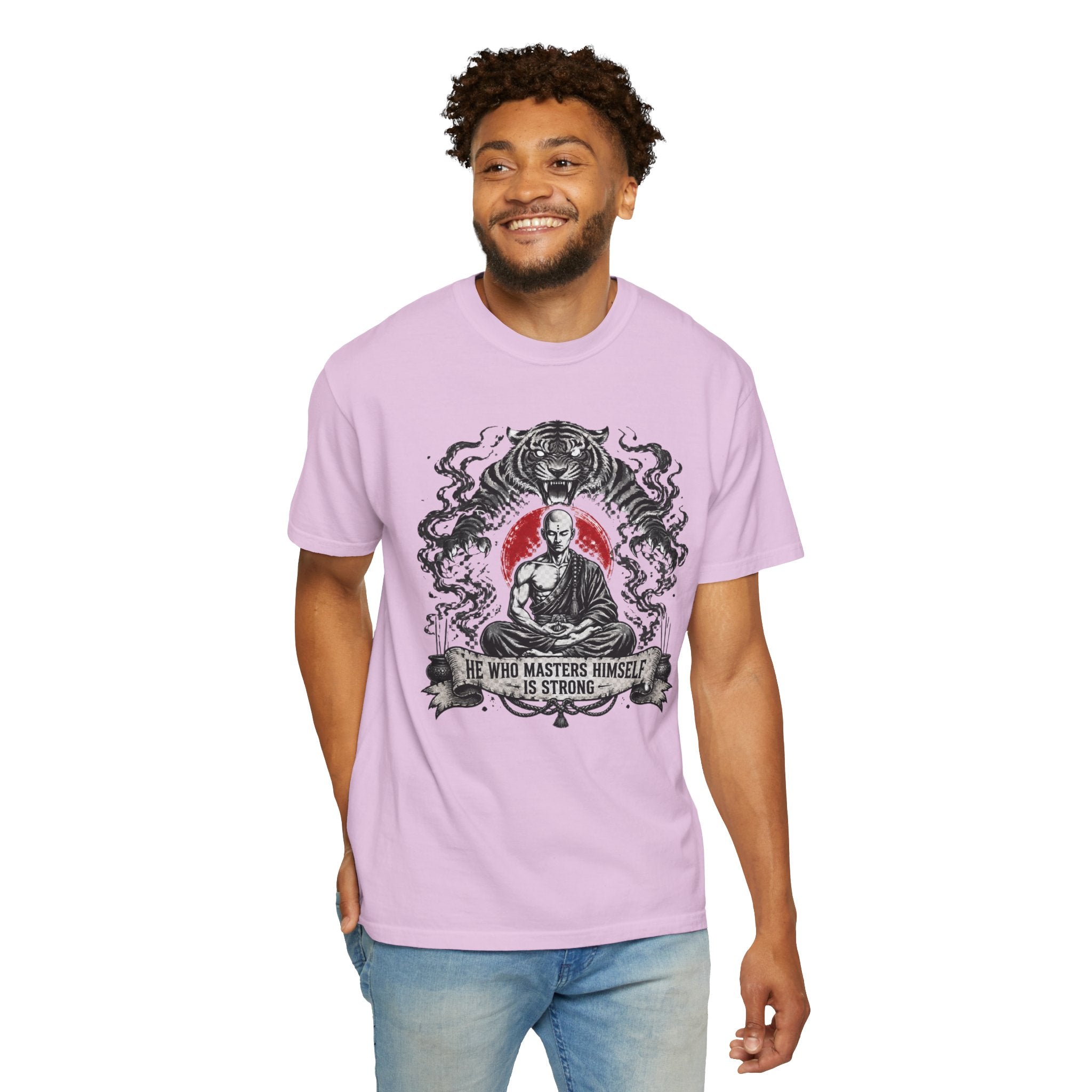 Meditation Tiger T-Shirt — "He Who Masters Himself is Strong" Zen Graphic Tee