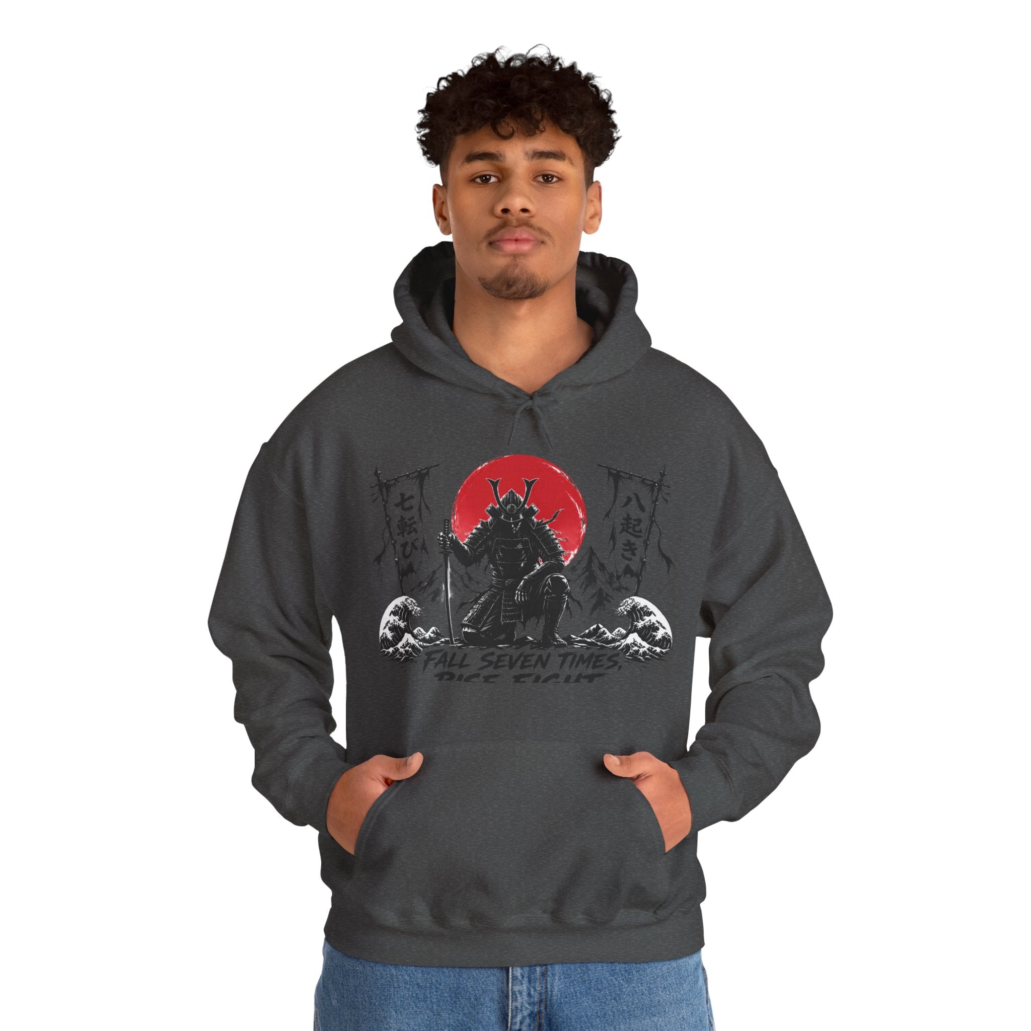 Hoodie — Samurai Wolf Graphic "Fall Seven Times, Rise Eight" Japanese Sunrise