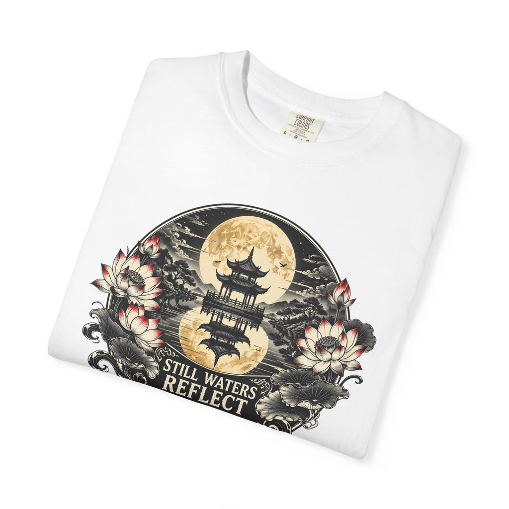 Still Waters Reflect the Moon T-Shirt — Zen Pagoda Moon Graphic Tee