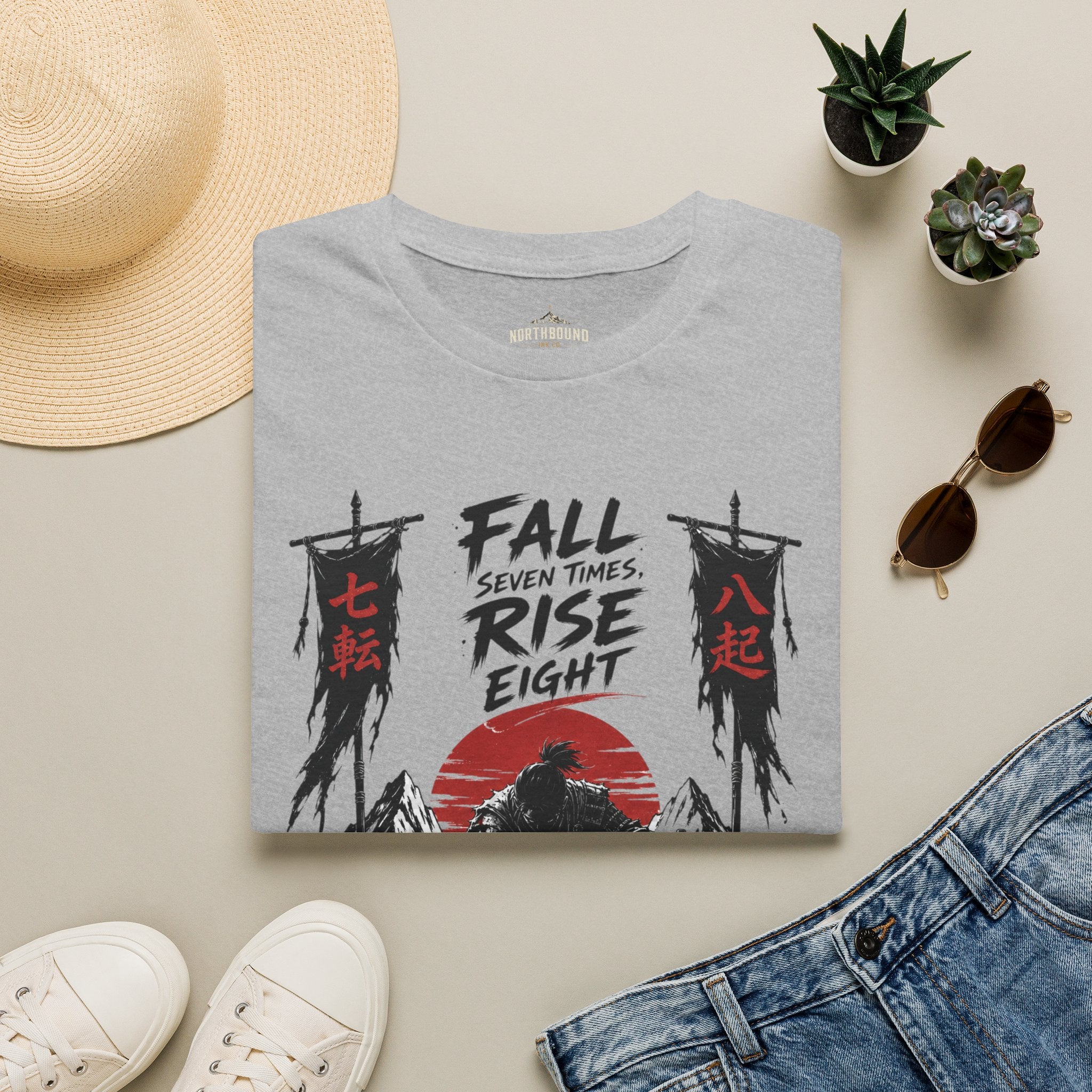 T-Shirt — “Fall Seven Times, Rise Eight” Samurai Graphic Tee