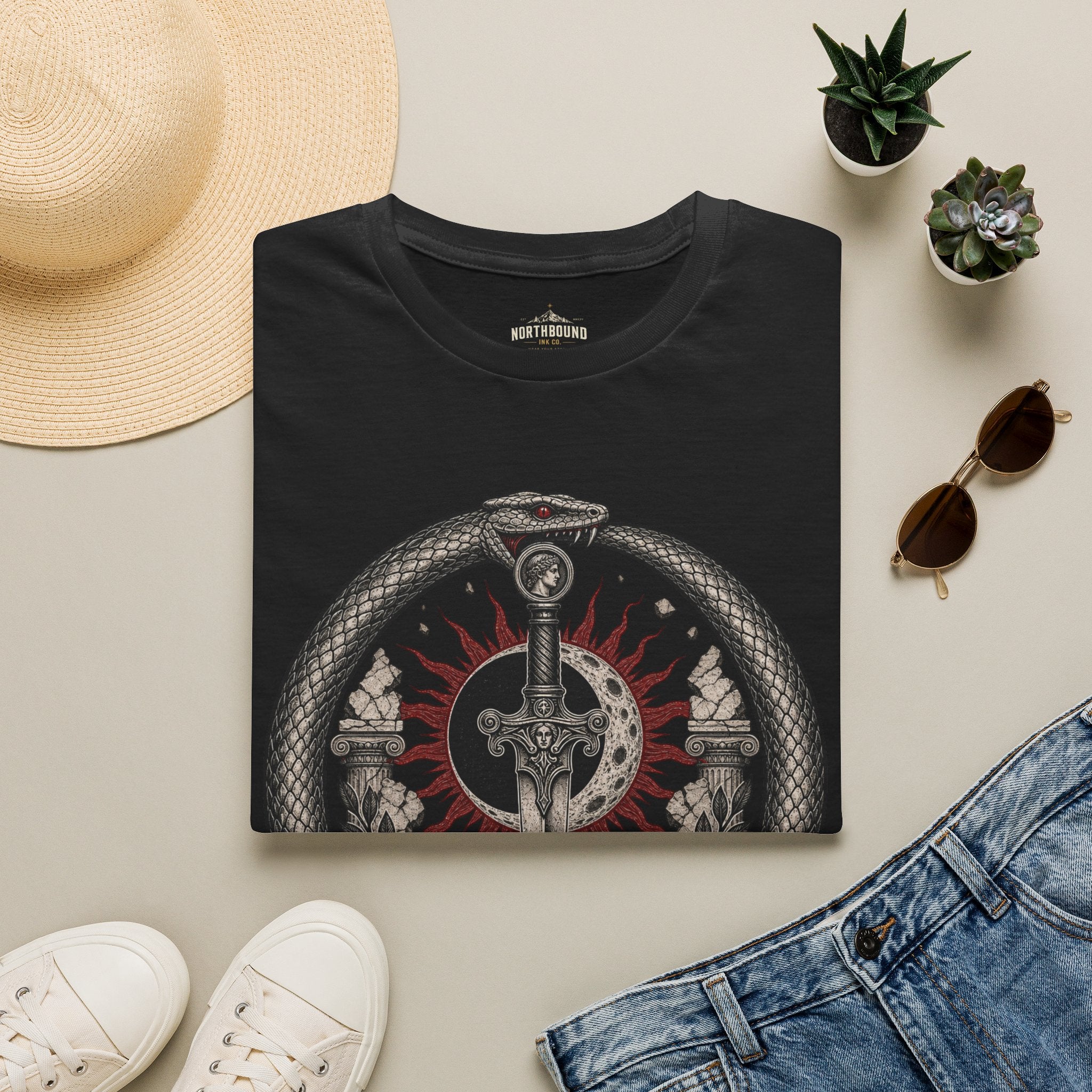 Amor Fati Sword T-Shirt — Sun & Ouroboros Graphic Tee