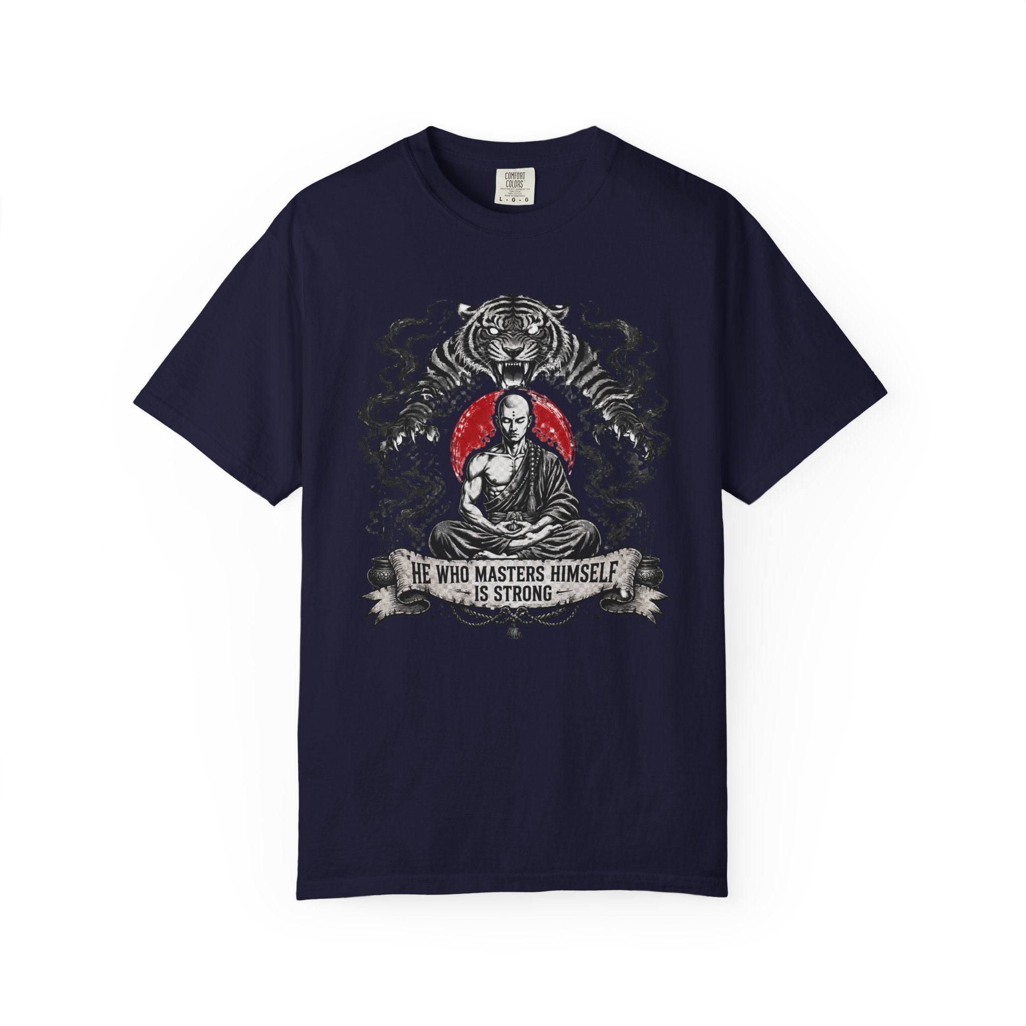 Meditation Tiger T-Shirt — "He Who Masters Himself is Strong" Zen Graphic Tee