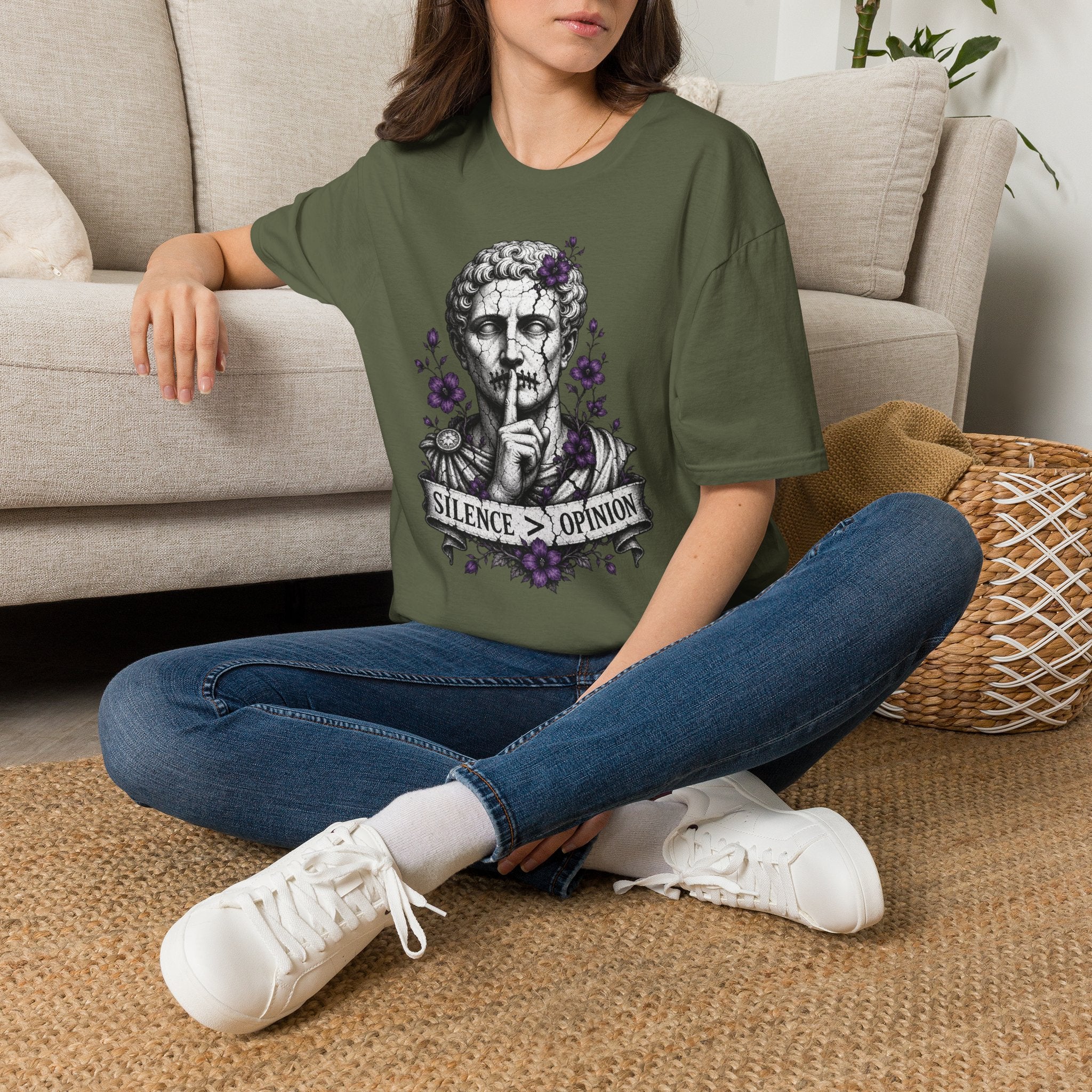 Statue 'Silence Is Opinion' T-Shirt — Gothic Floral Graphic Tee