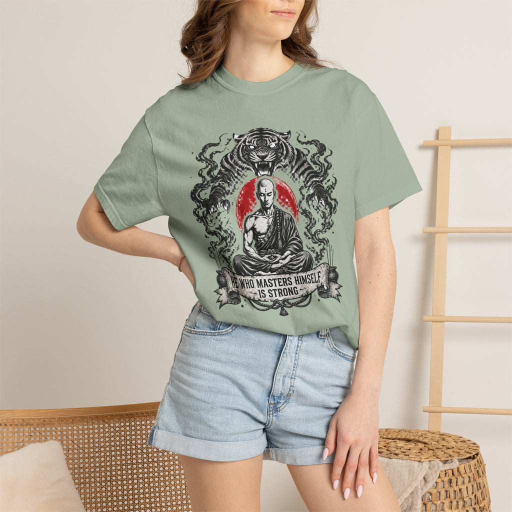 Meditation Tiger T-Shirt — "He Who Masters Himself is Strong" Zen Graphic Tee