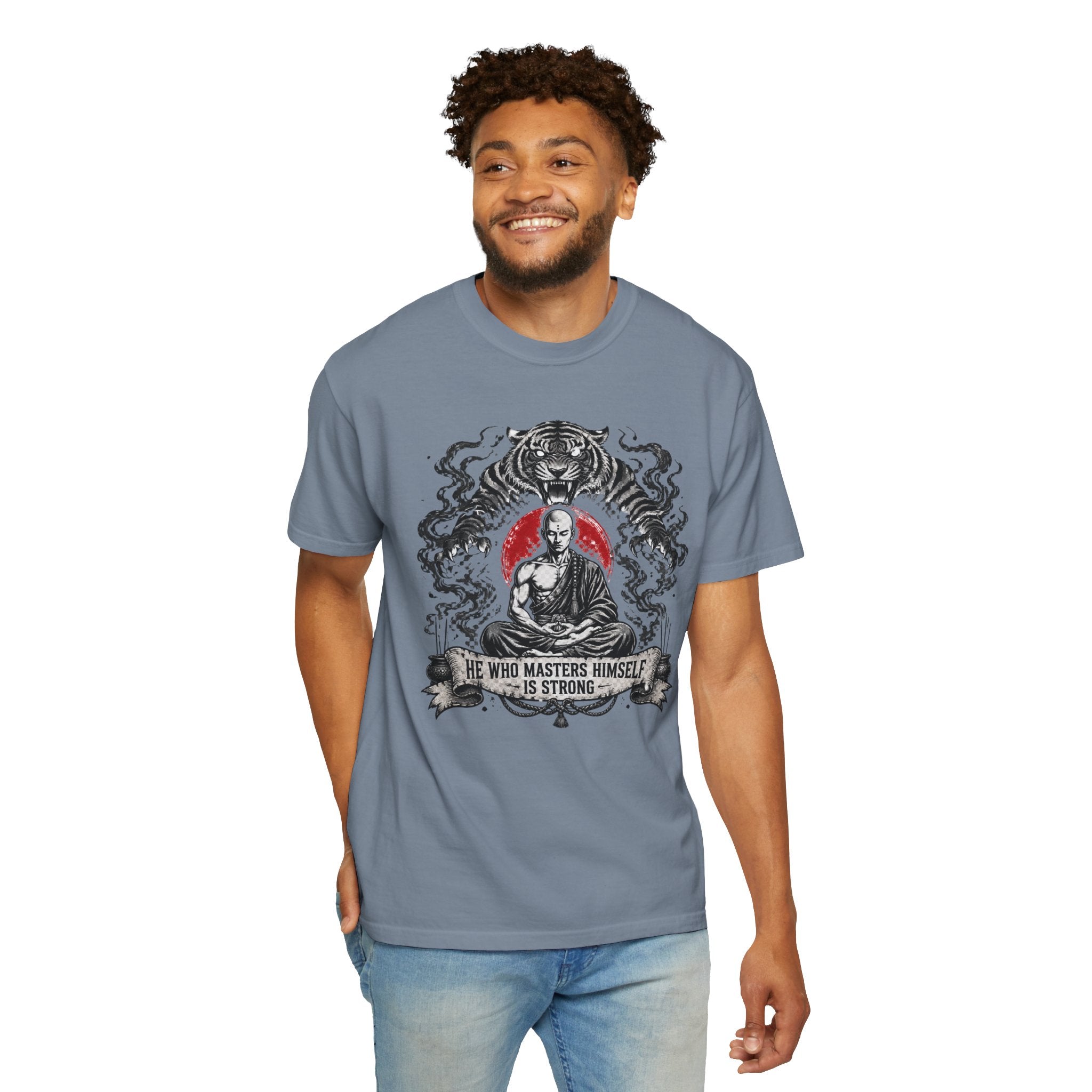 Meditation Tiger T-Shirt — "He Who Masters Himself is Strong" Zen Graphic Tee