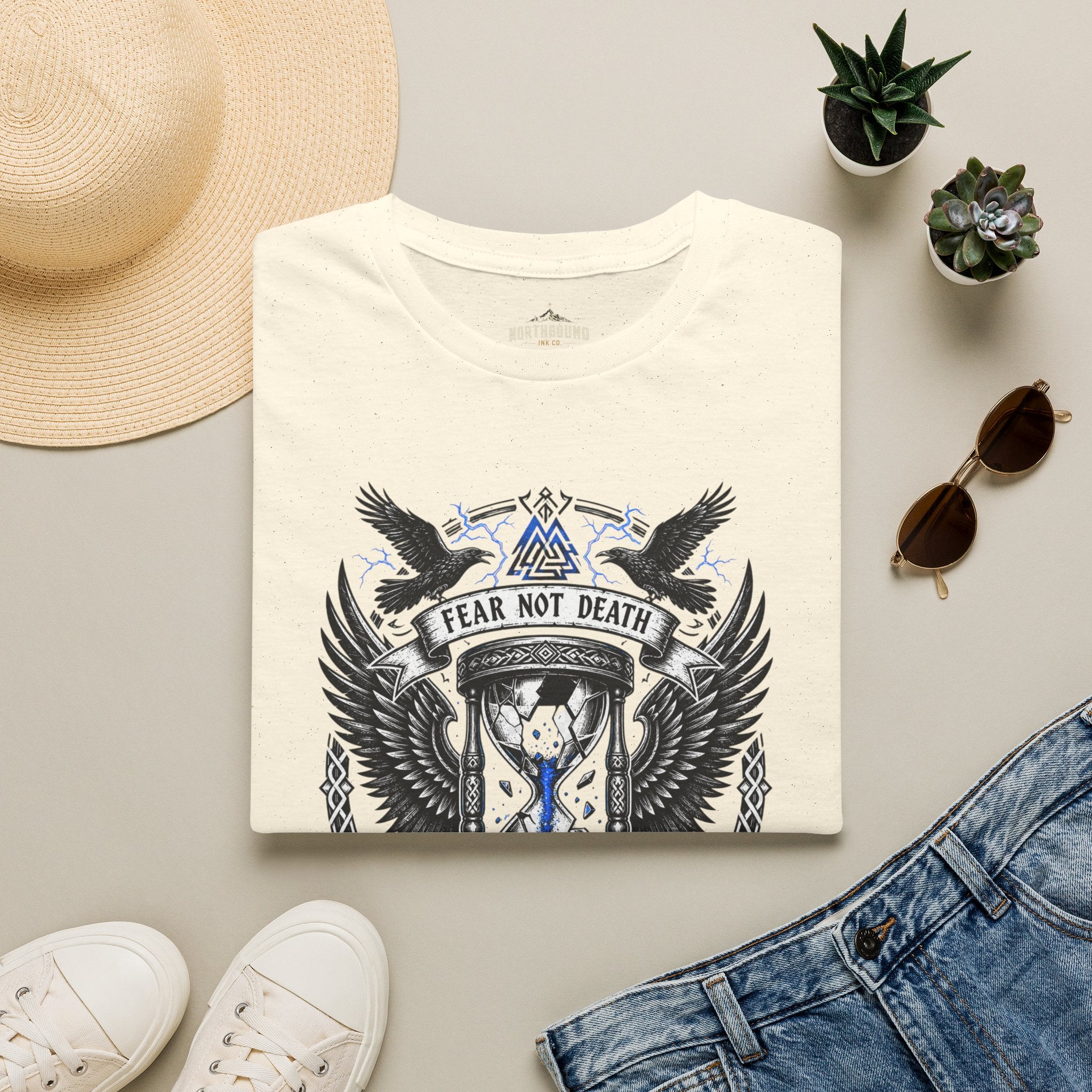 Fear Not Death T‑Shirt — Viking Hourglass Shield Design