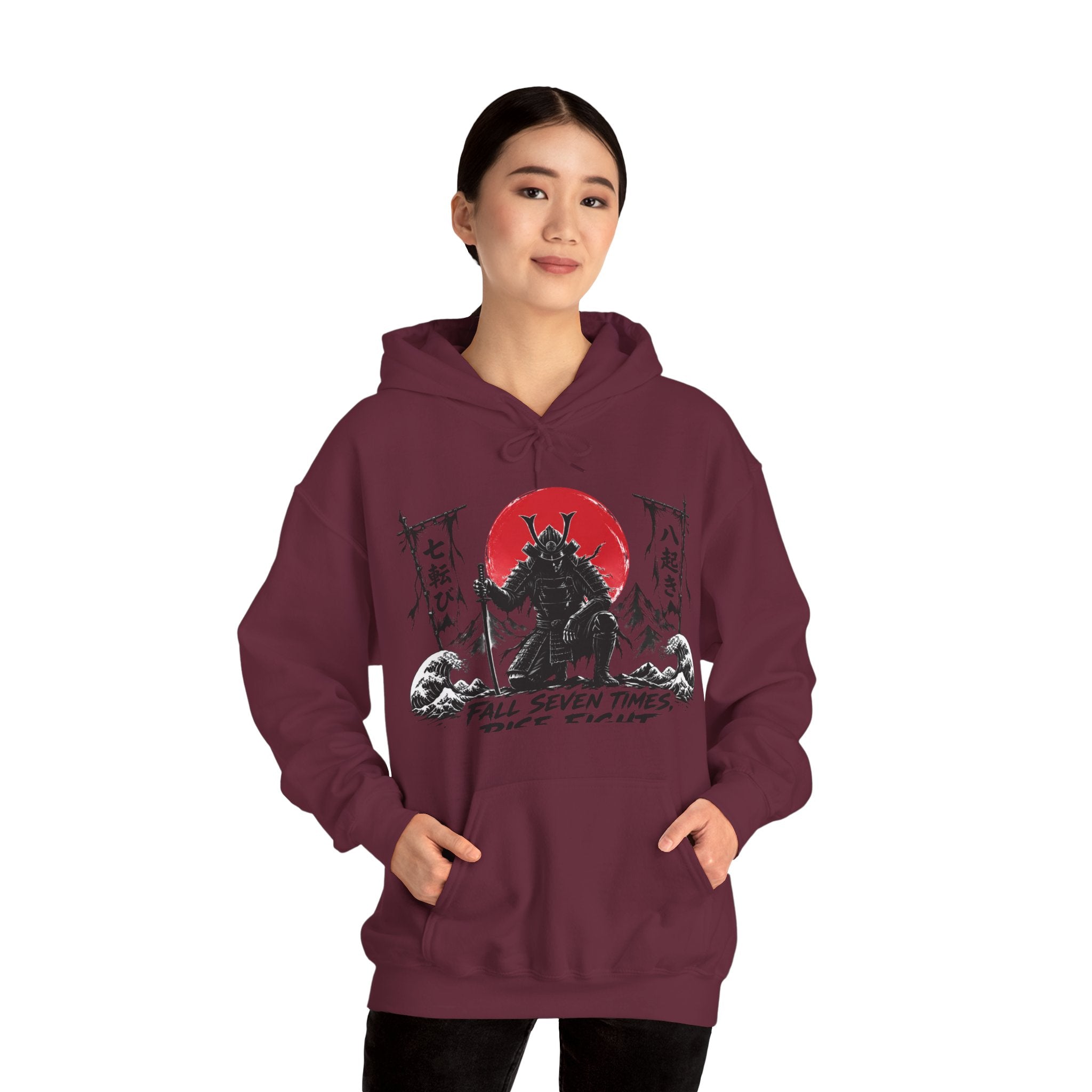 Hoodie — Samurai Wolf Graphic "Fall Seven Times, Rise Eight" Japanese Sunrise